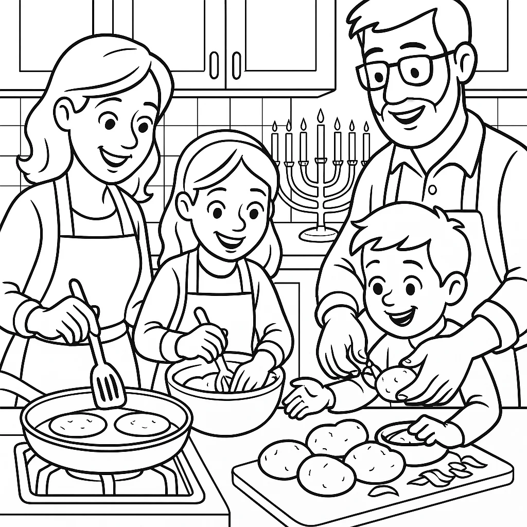 Making Latkes for Hanukkah, דף צביעה להדפסה לילדים