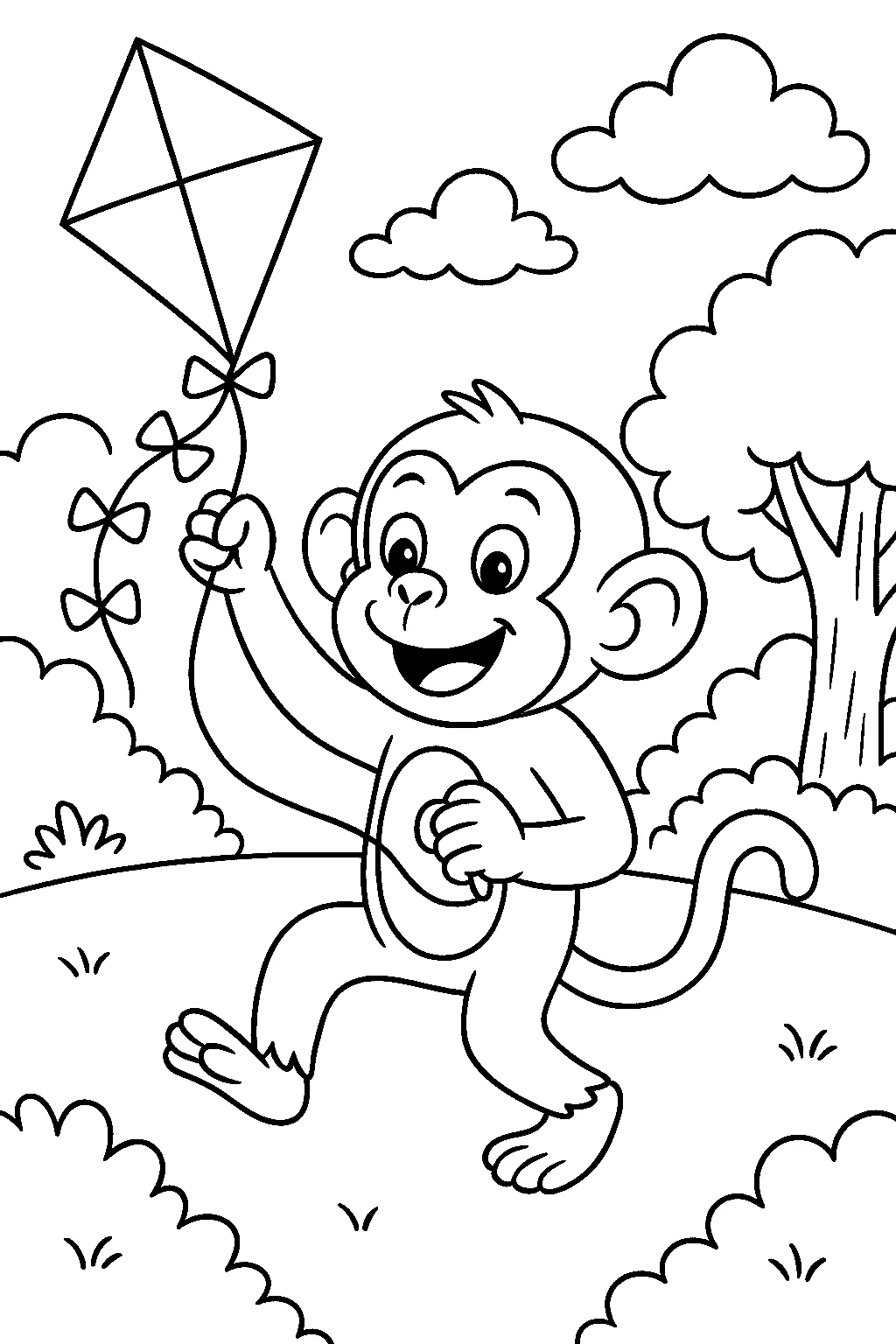 Página para Colorear de Mono Volando una Cometa, página para colorear imprimible para niños