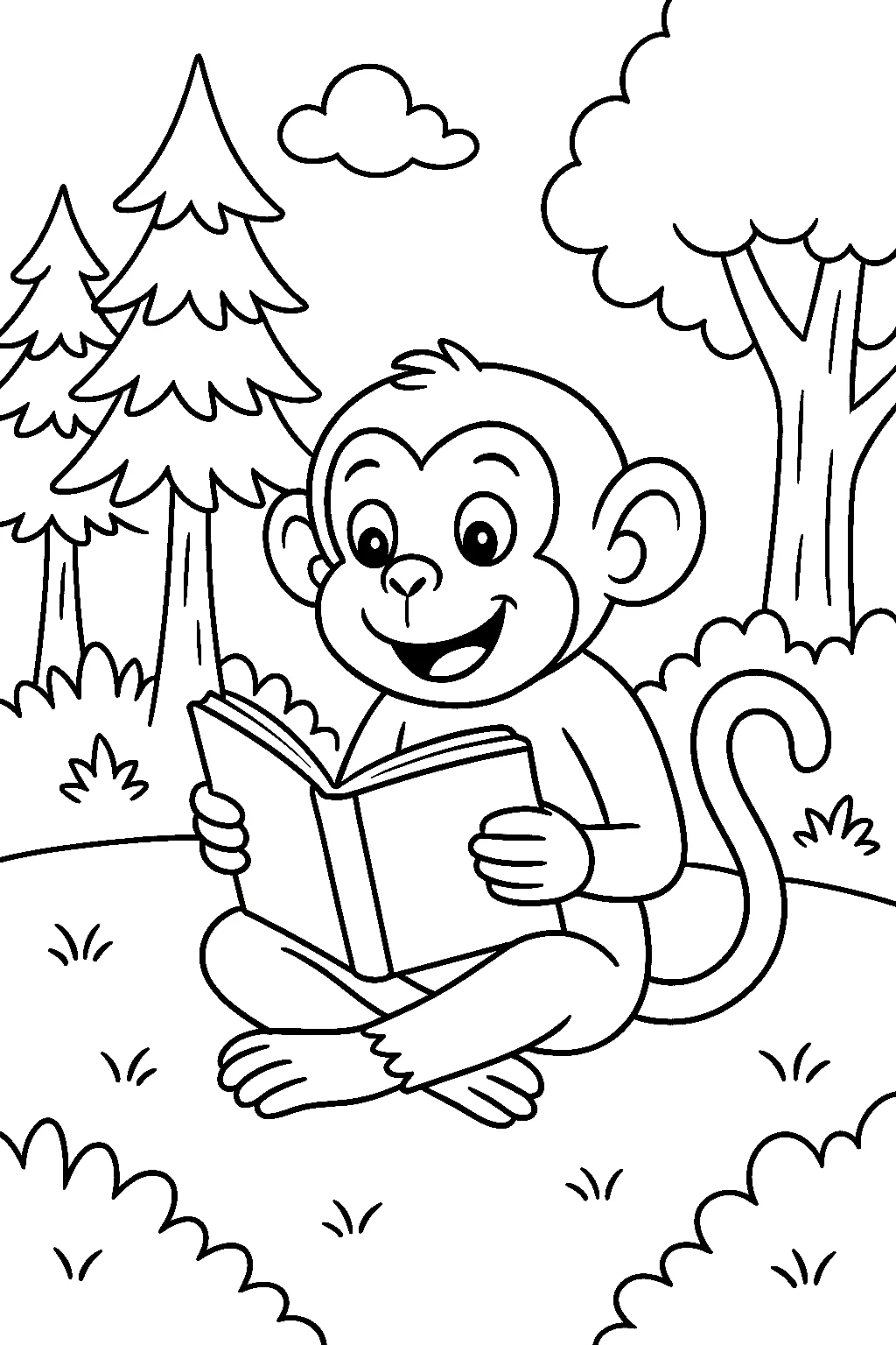 Página para Colorear de Mono Leyendo un Libro, página para colorear imprimible para niños