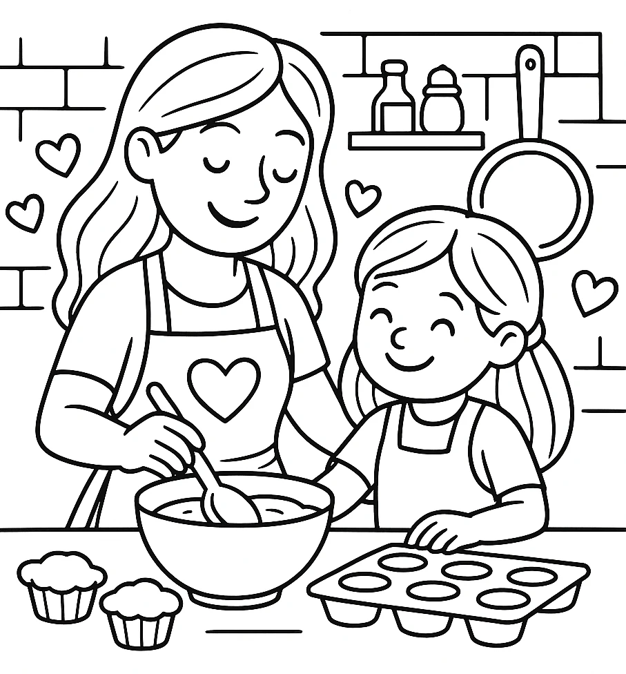 Mother and Daughter Make Cupcakes, דף צביעה להדפסה לילדים