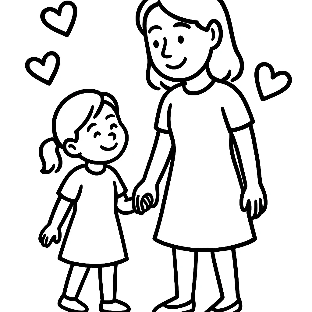 Mother and Daughter Hugs, דף צביעה להדפסה לילדים