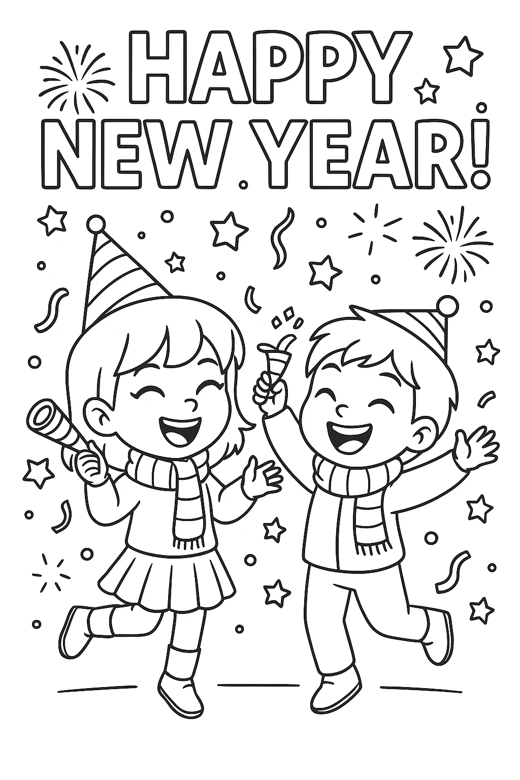 Boy and Girl New Year Celebration printable coloring page for kids