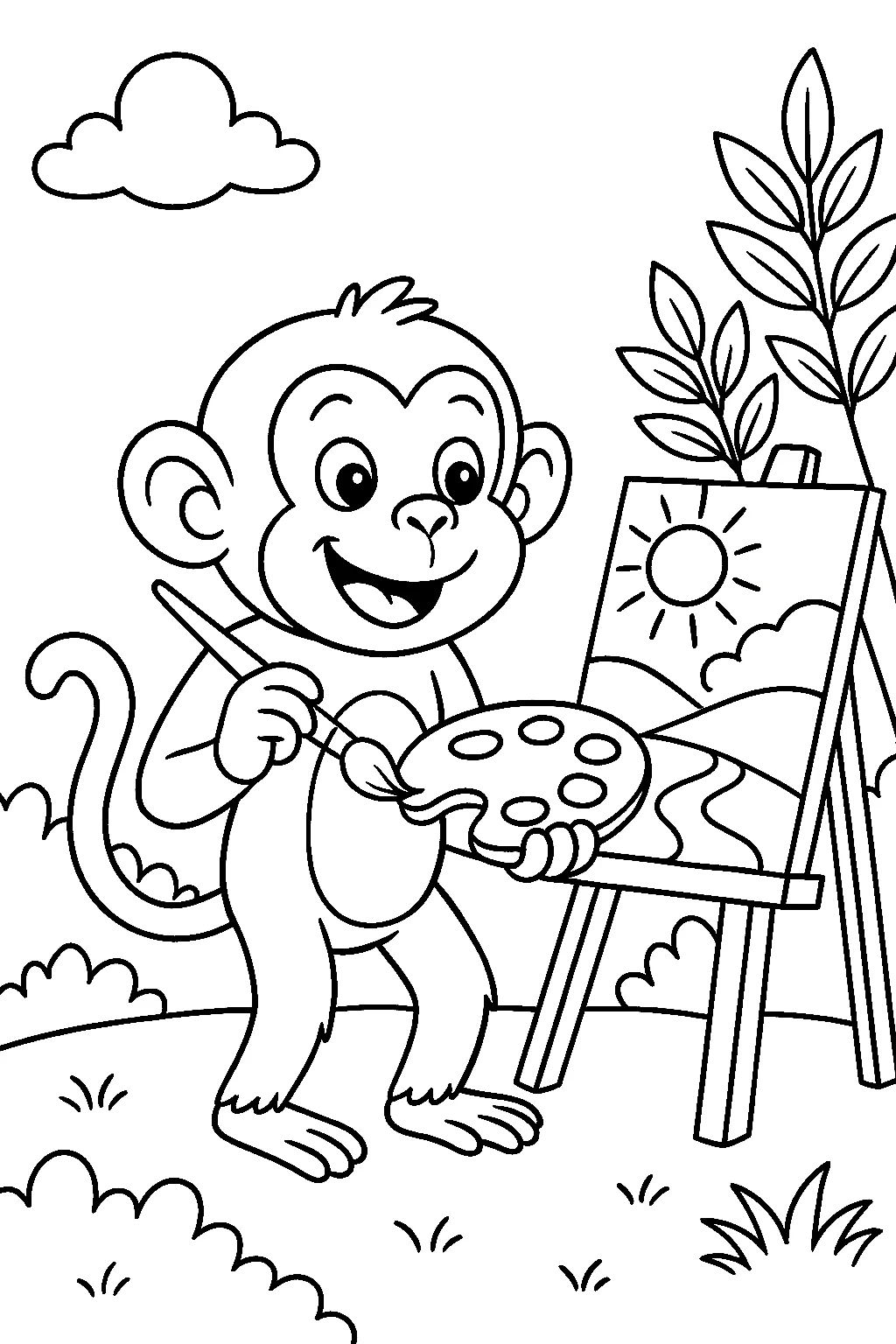 Página para Colorear de Mono Artista, página para colorear imprimible para niños