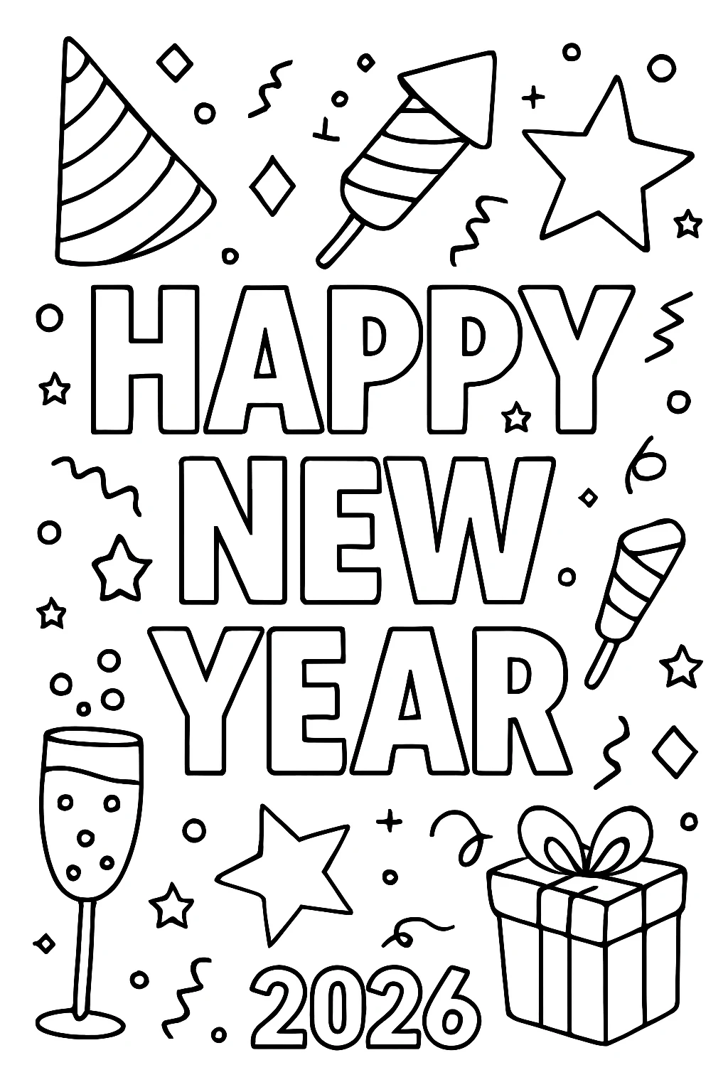 Party 2026 New Year printable coloring page for kids