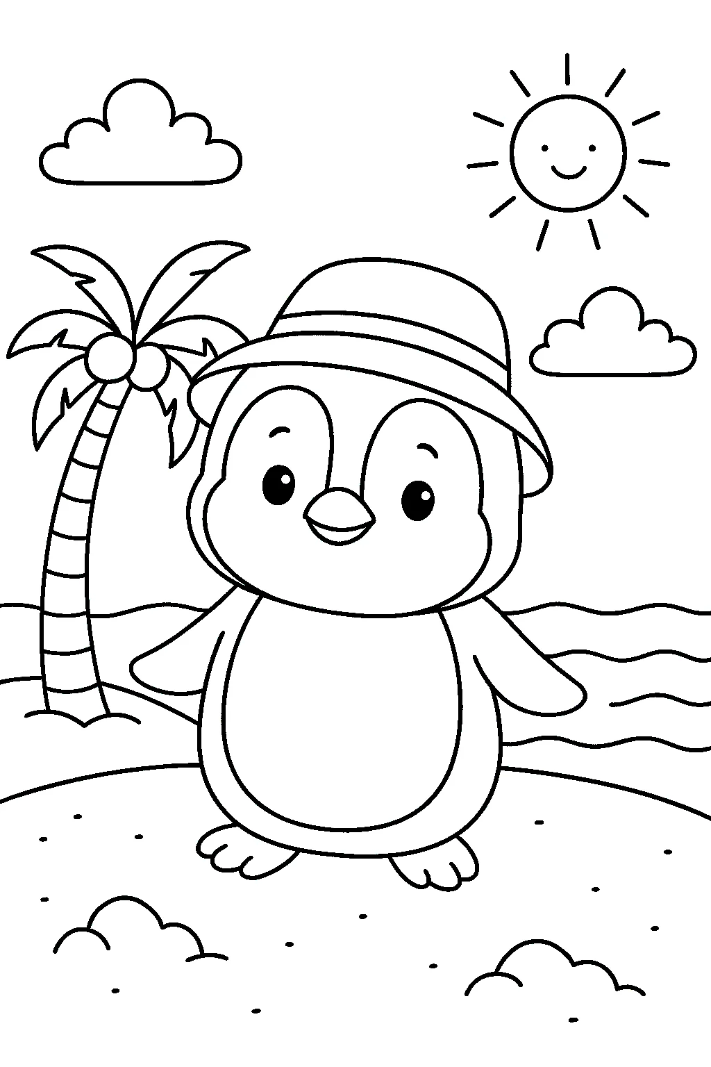 Penguin at the Beach Coloring Page, דף צביעה להדפסה לילדים