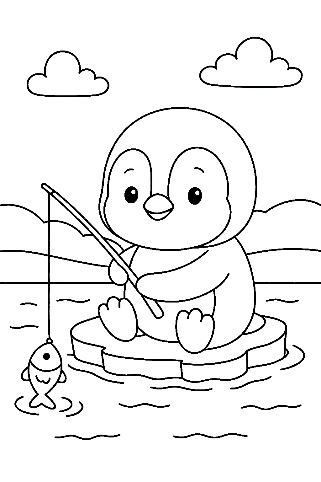 Penguin Fishing Coloring Page, דף צביעה להדפסה לילדים