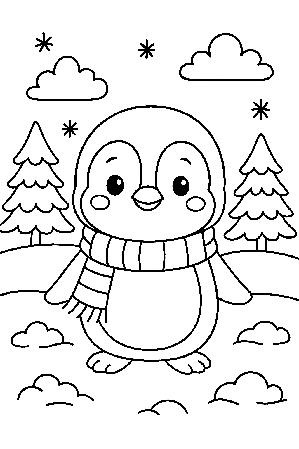 Penguin in the Winter Coloring Page, דף צביעה להדפסה לילדים