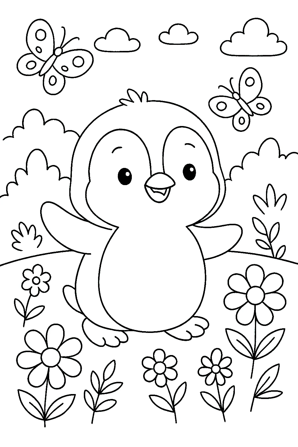 Penguin with Butterflies Coloring Page, דף צביעה להדפסה לילדים