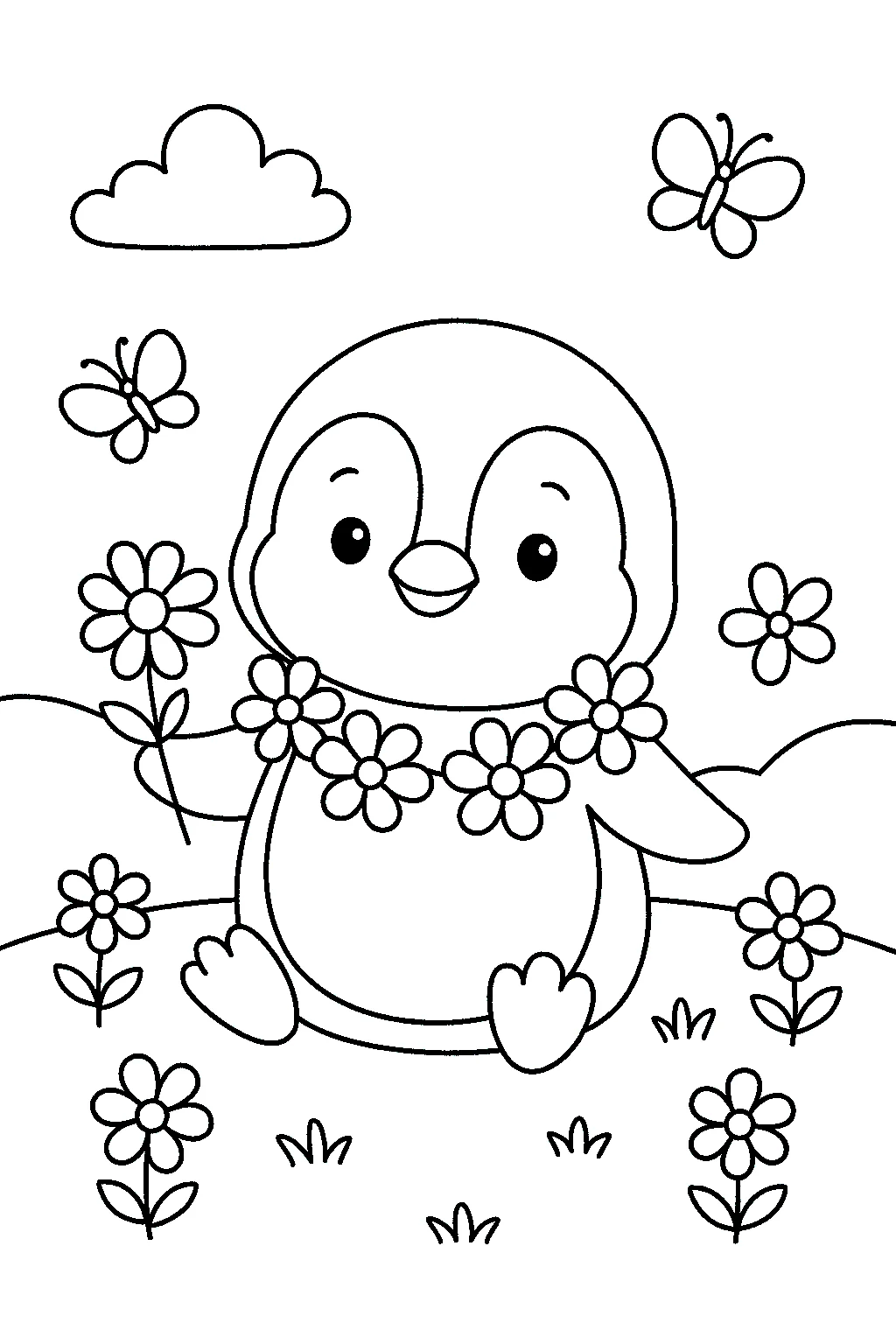 Penguin with Flowers Coloring Page, דף צביעה להדפסה לילדים