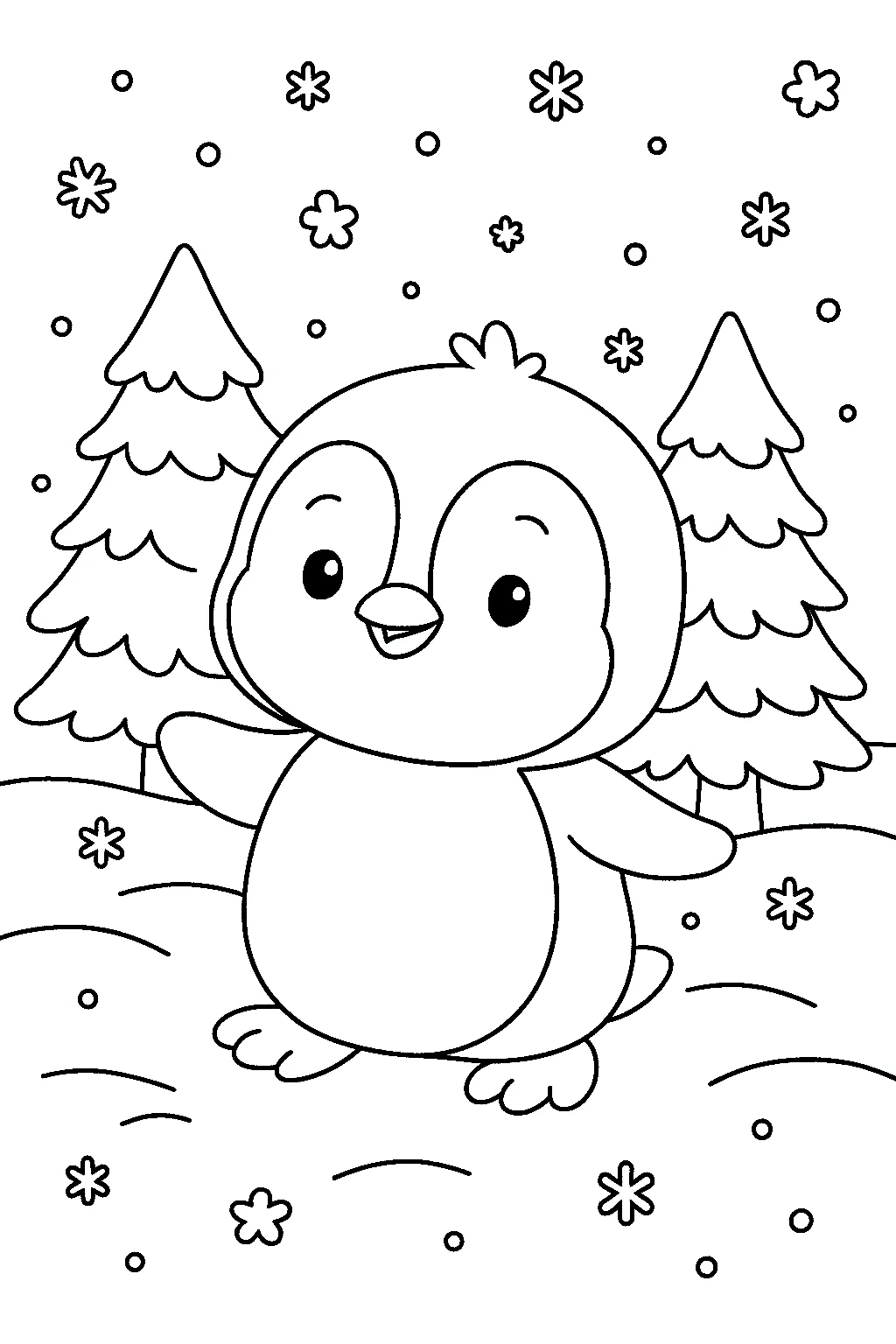 Página para Colorear de Pingüino con Nieve, página para colorear imprimible para niños