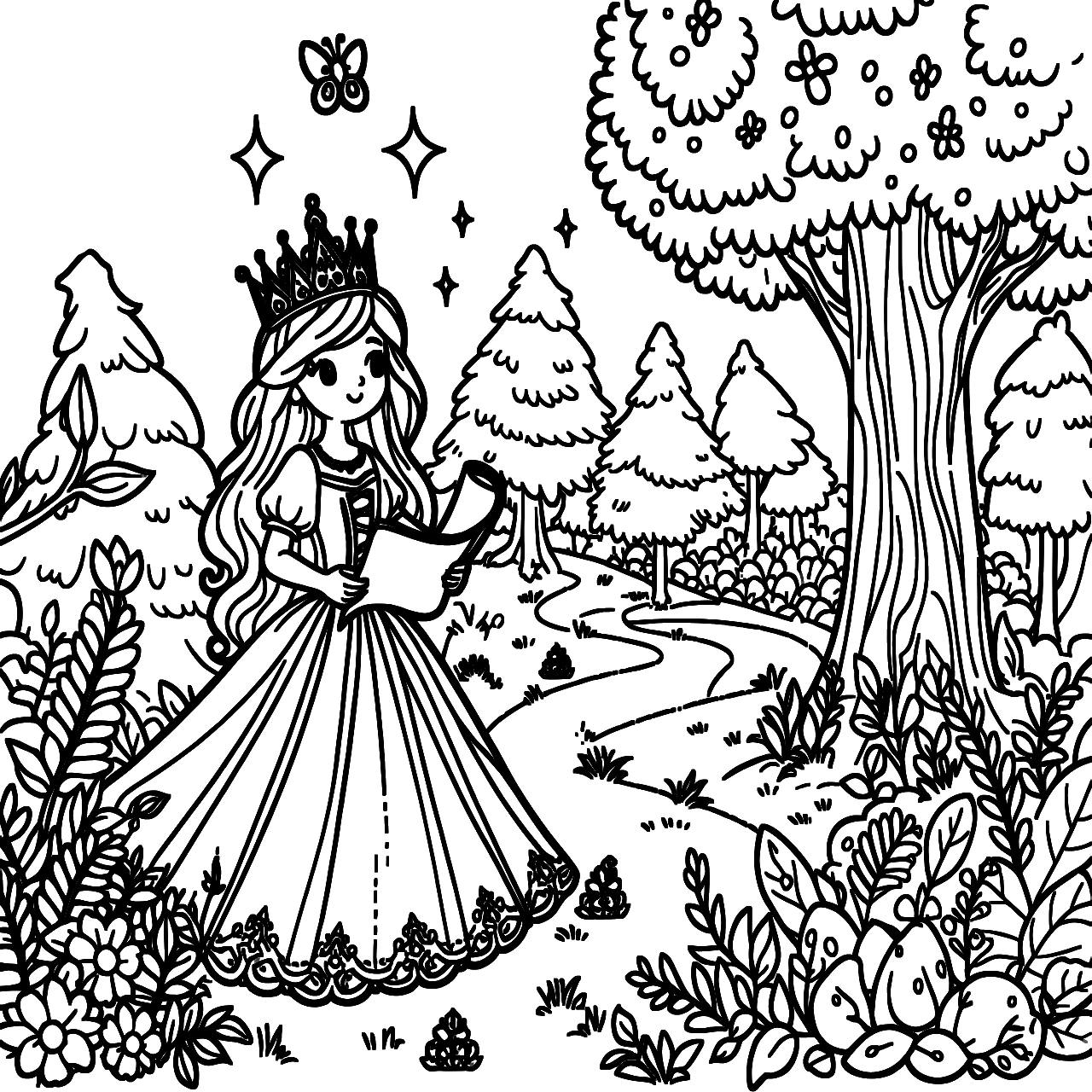 Princess In The Wood, דף צביעה להדפסה לילדים