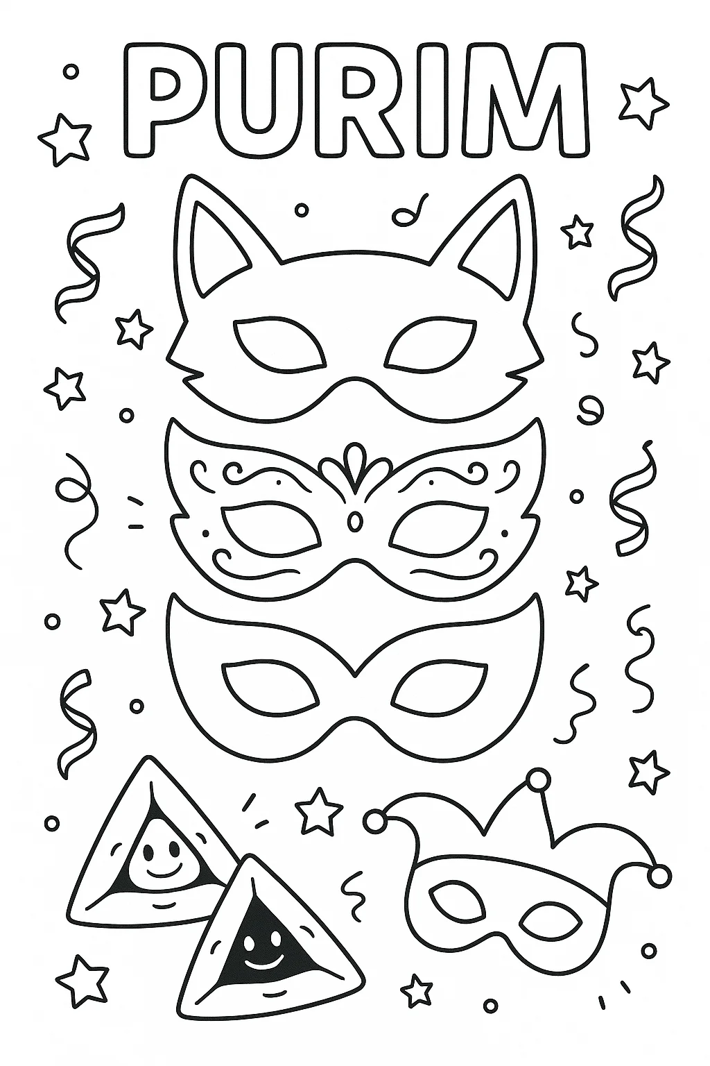 Purim Masks, דף צביעה להדפסה לילדים