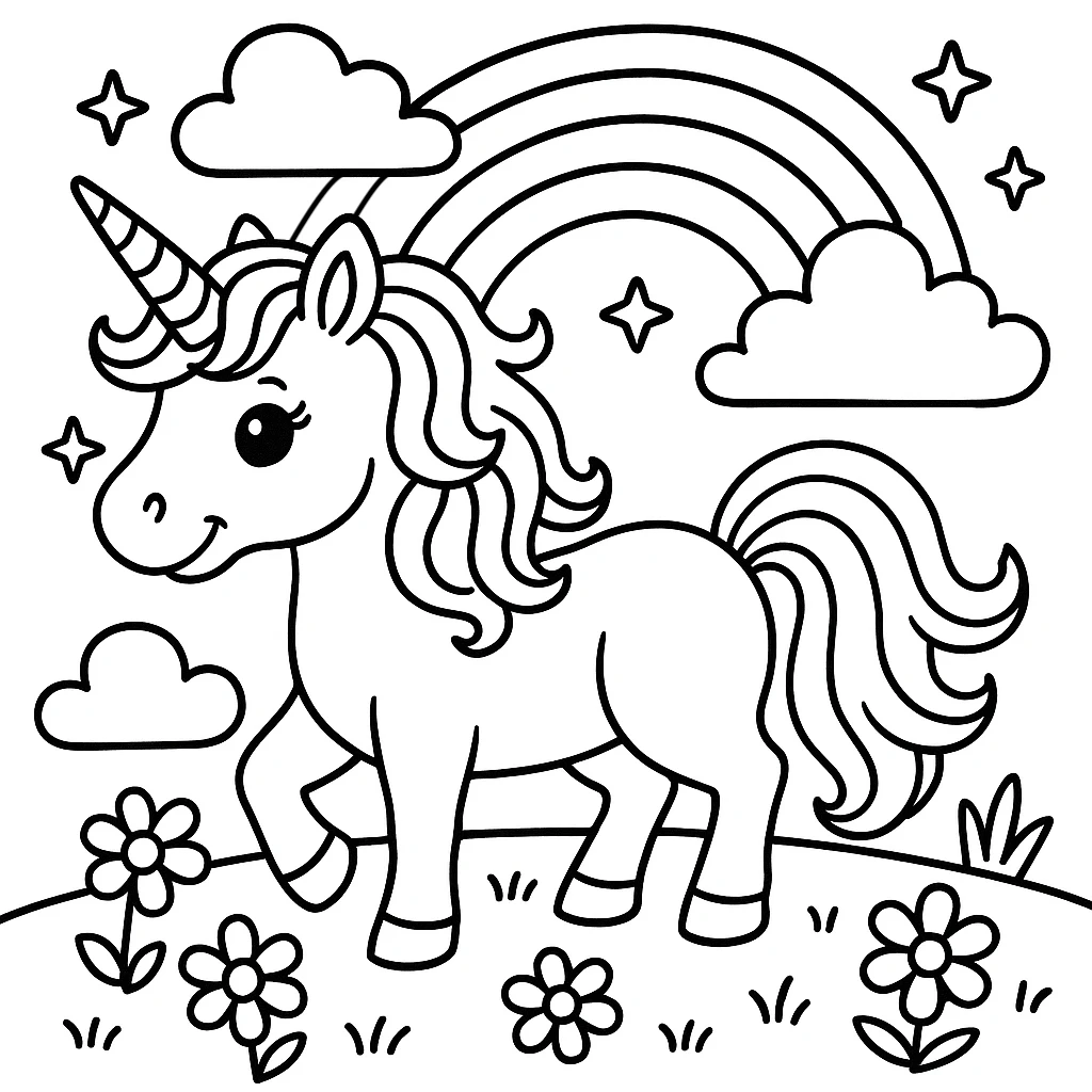 Rainbow Unicorn Coloring Page, דף צביעה להדפסה לילדים