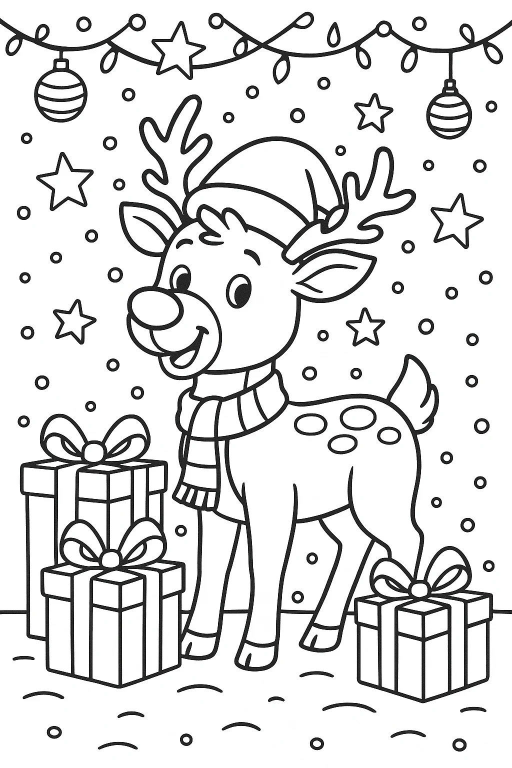 Reindeer Standing with Christmas Gifts, דף צביעה להדפסה לילדים