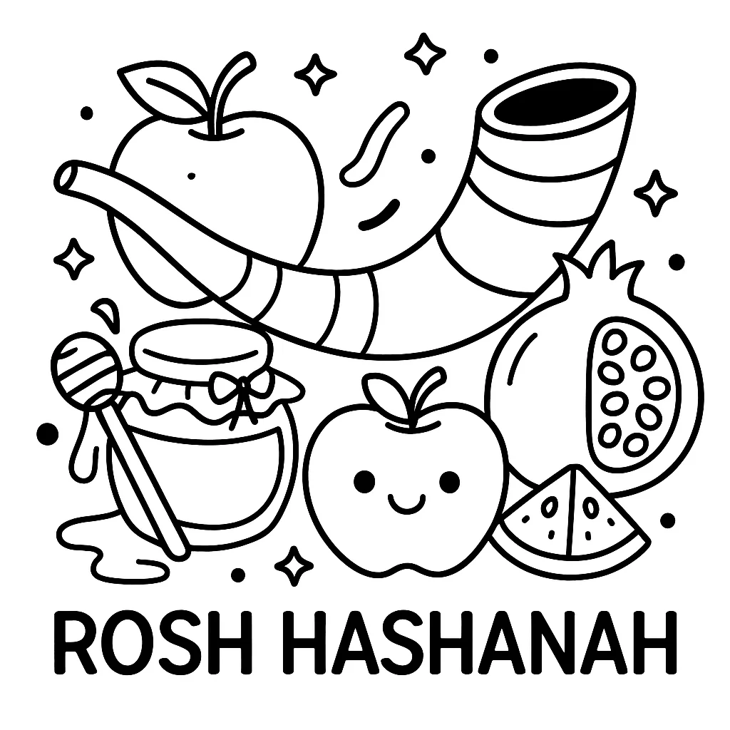Rosh Hashana Symbolic Foods, דף צביעה להדפסה לילדים