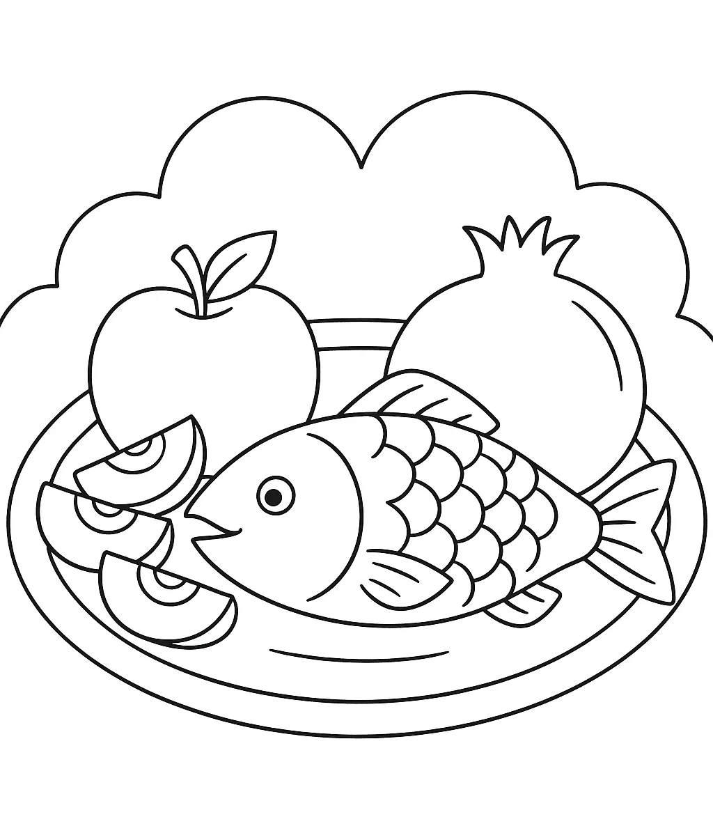 Rosh Hashana Fish Tradition, דף צביעה להדפסה לילדים