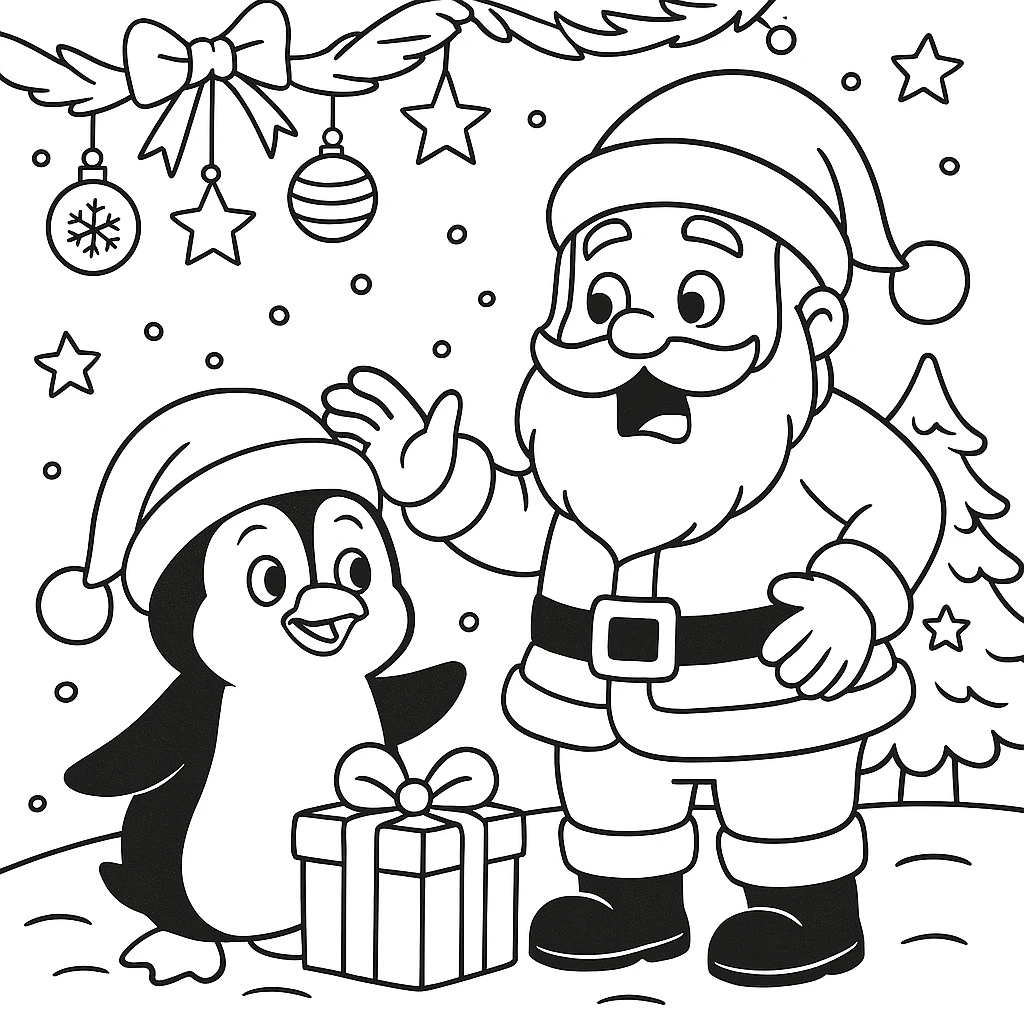 Santa Meets a Penguin, דף צביעה להדפסה לילדים