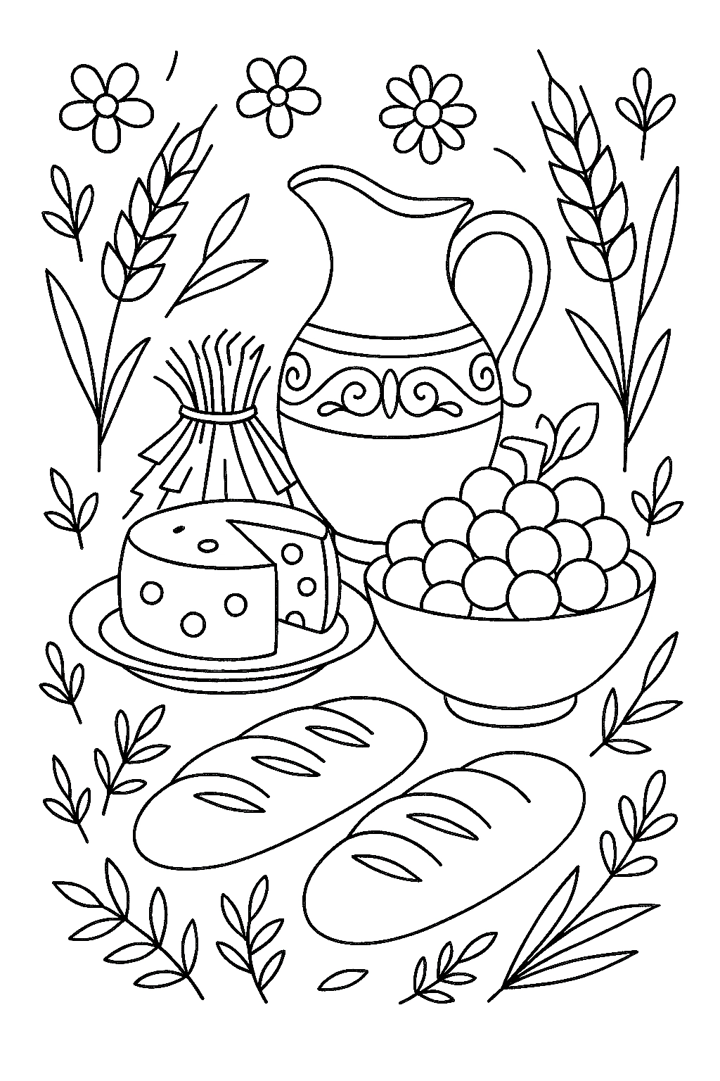 Escena del Festival de Shavuot, página para colorear imprimible para niños
