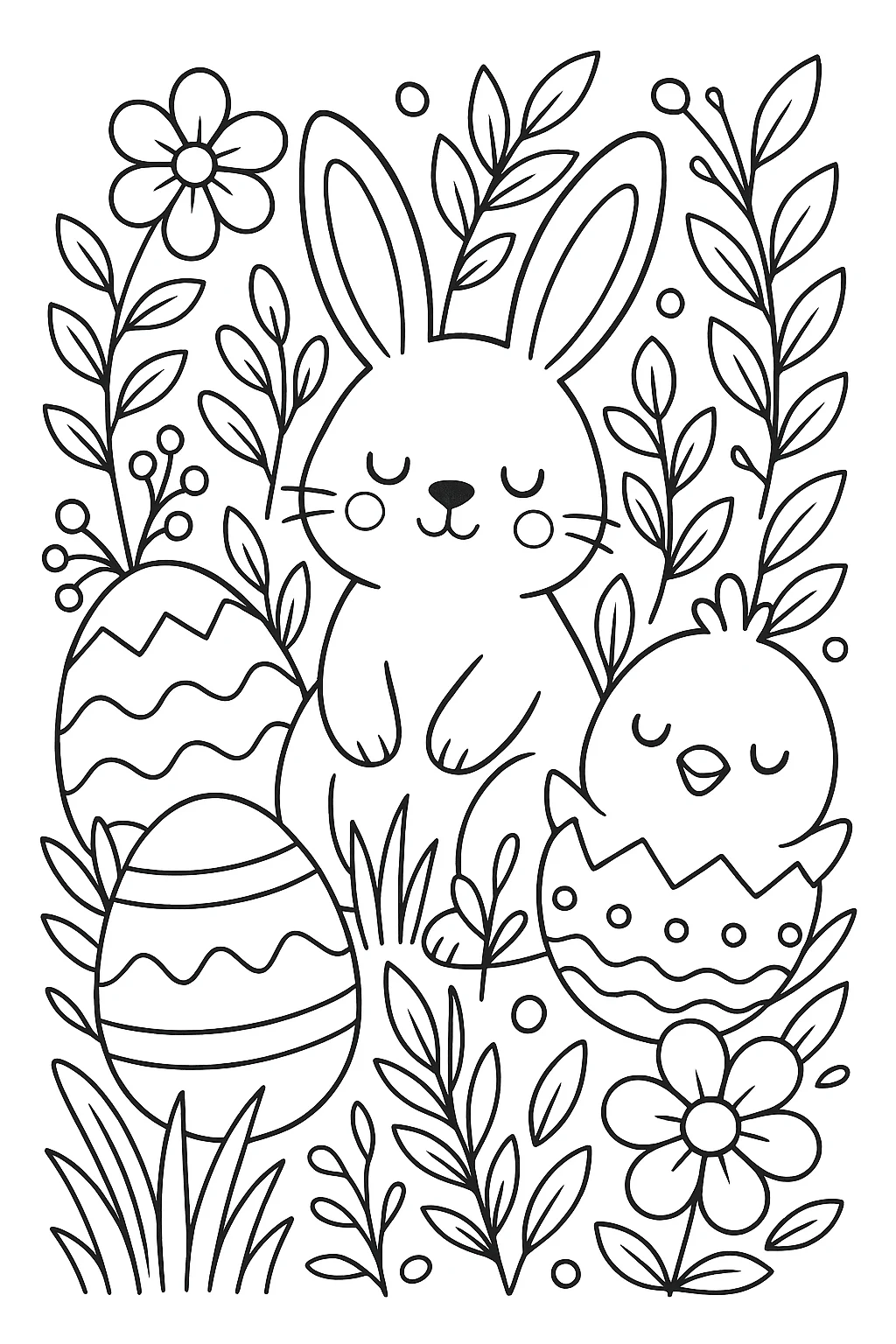 Conejito Durmiendo y Pájaro, página para colorear imprimible para niños