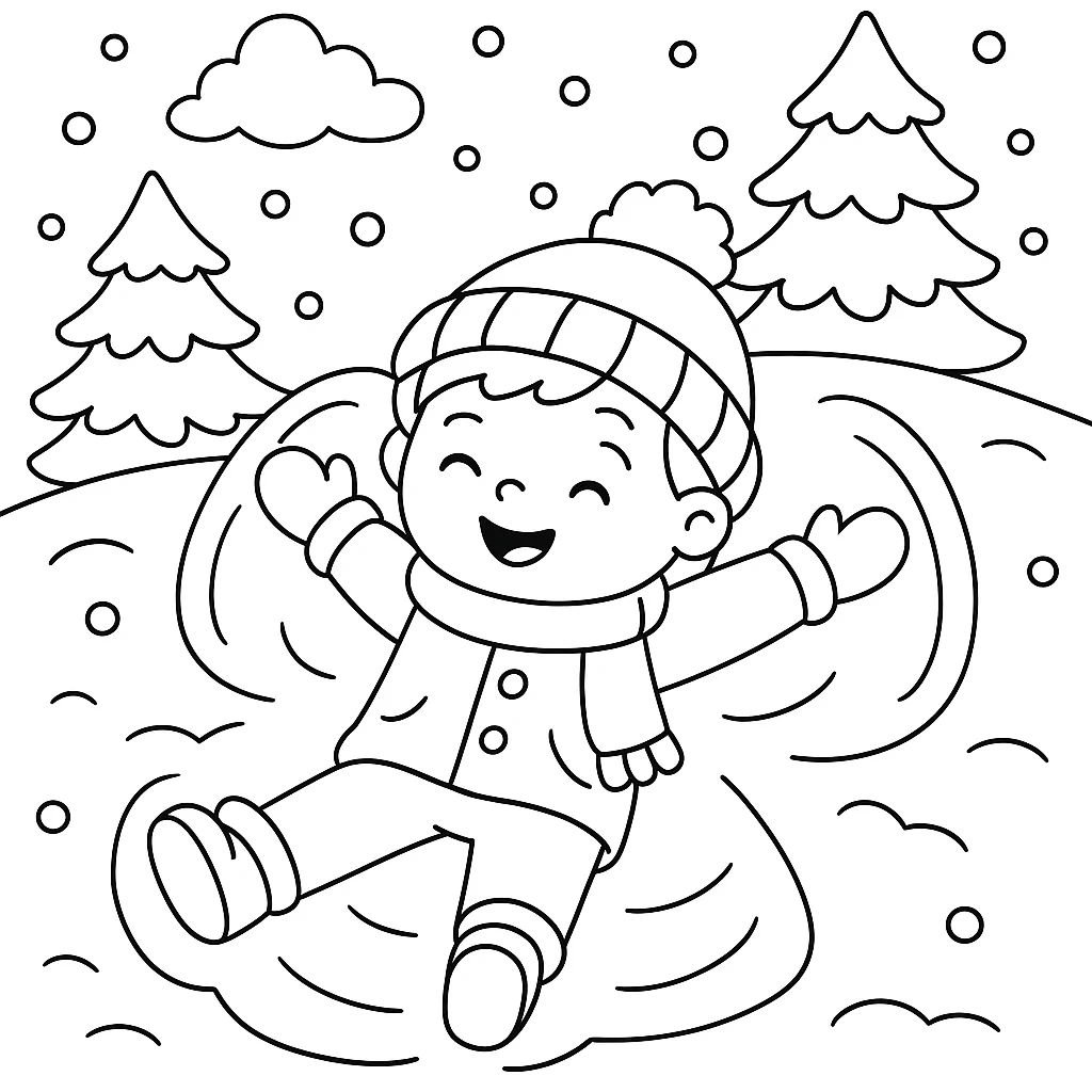 Haciendo un Ángel de Nieve, página para colorear imprimible para niños