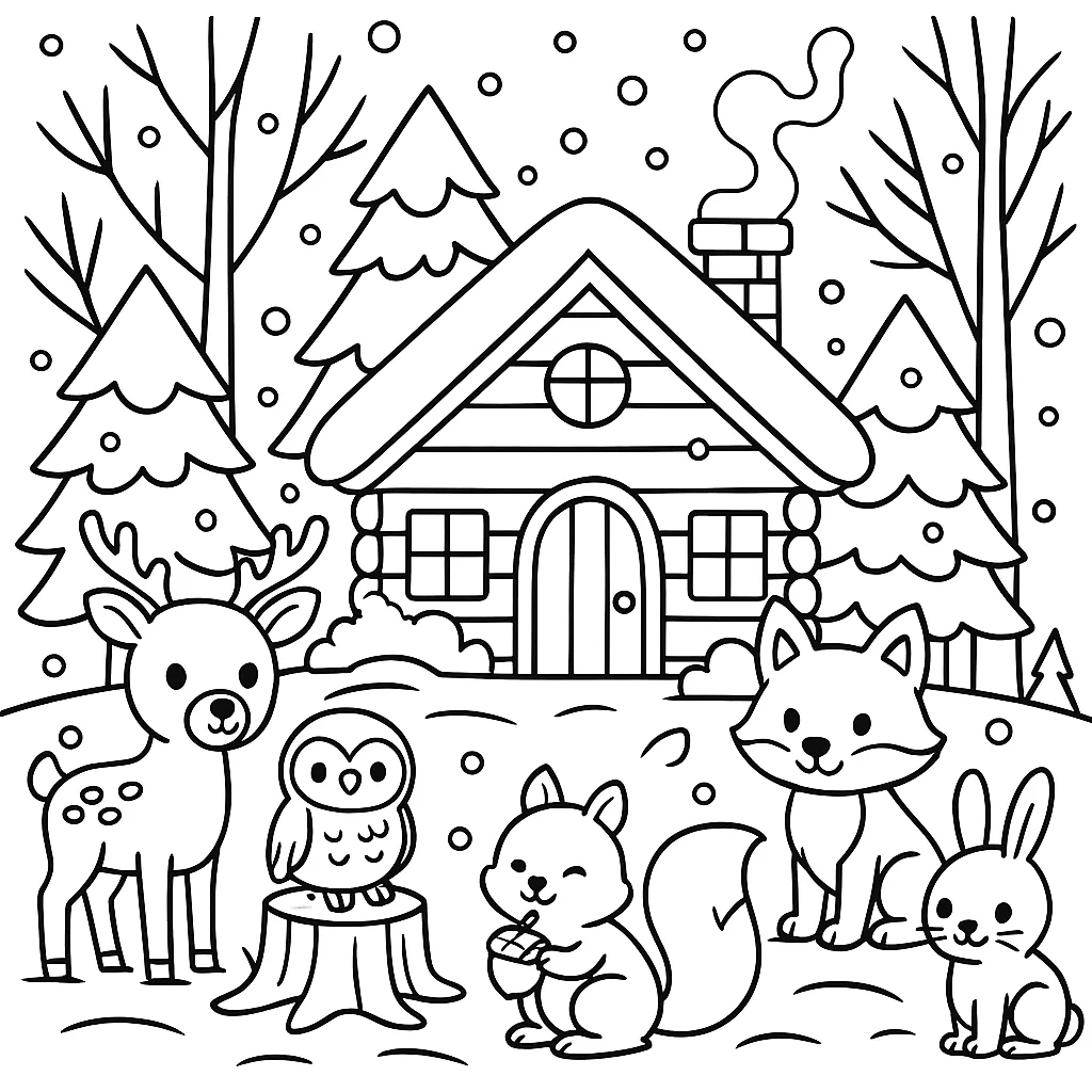 Animales en la Nieve, página para colorear imprimible para niños