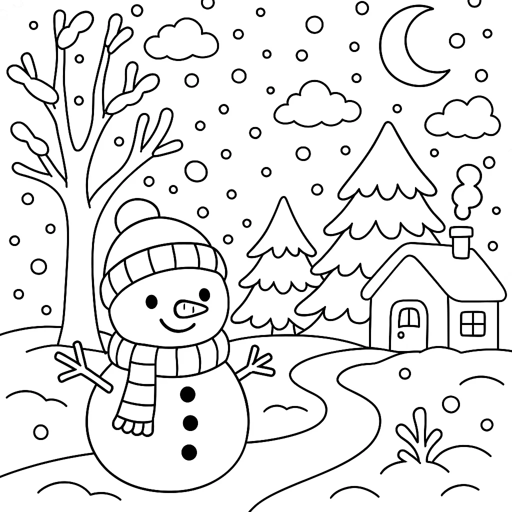 Muñeco de Nieve en el Invierno, página para colorear imprimible para niños