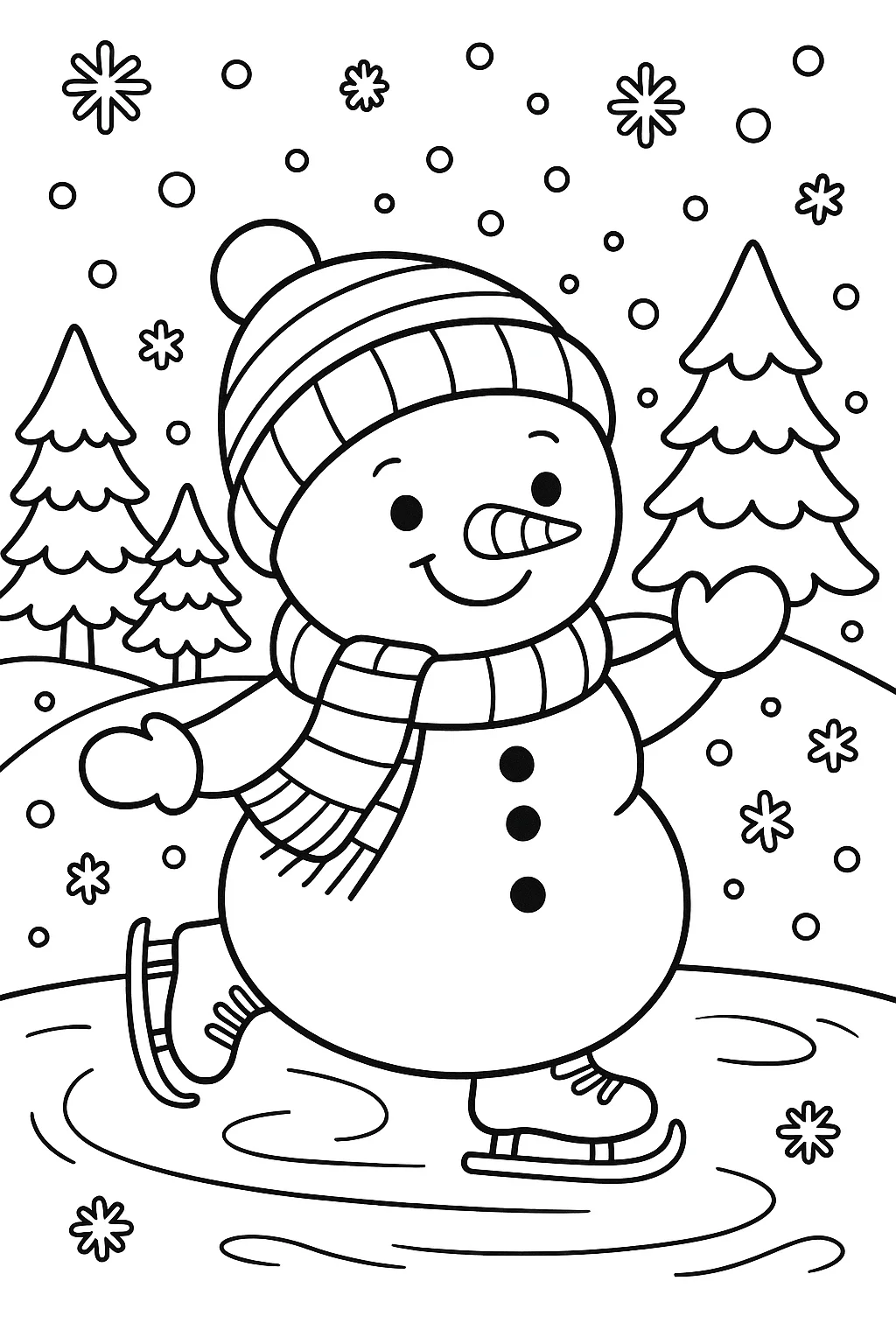 Muñeco de Nieve Patinando, página para colorear imprimible para niños