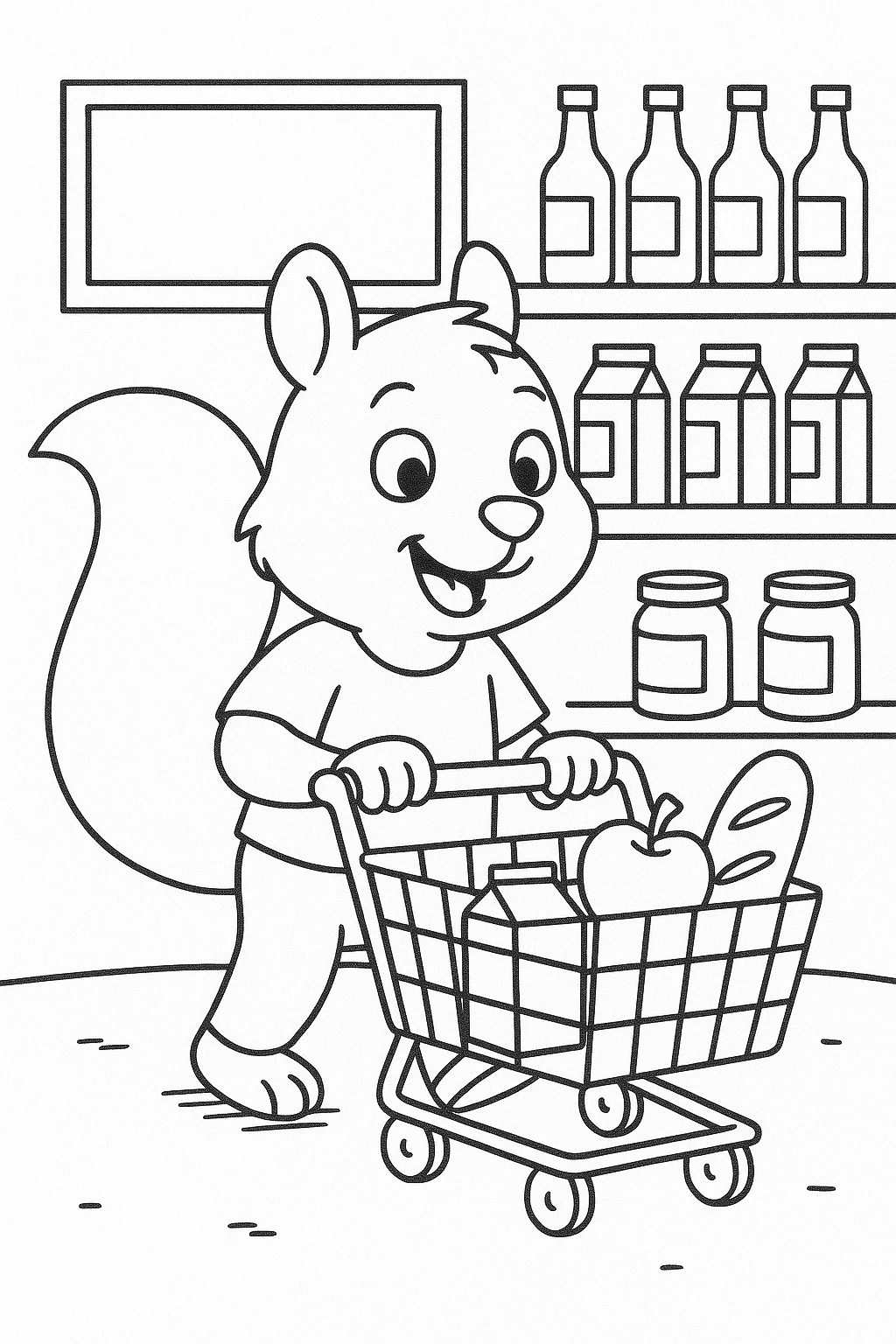 Página para Colorear de Ardilla en el Supermercado, página para colorear imprimible para niños