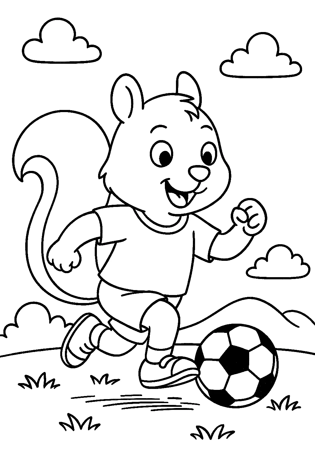 Página para Colorear de Ardilla Jugando Fútbol, página para colorear imprimible para niños