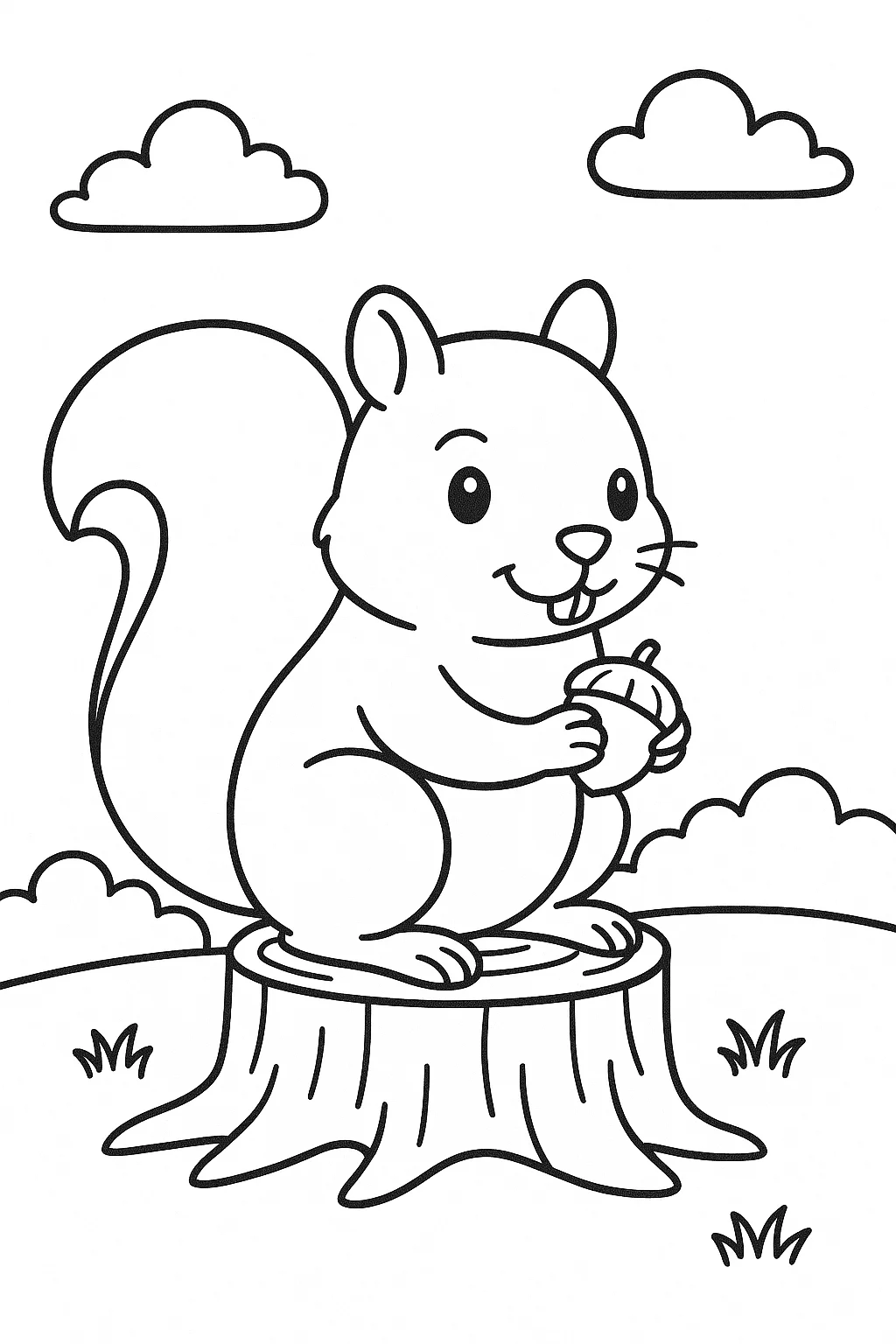 Página para Colorear de Ardilla Sentada en Árbol con Nuez, página para colorear imprimible para niños