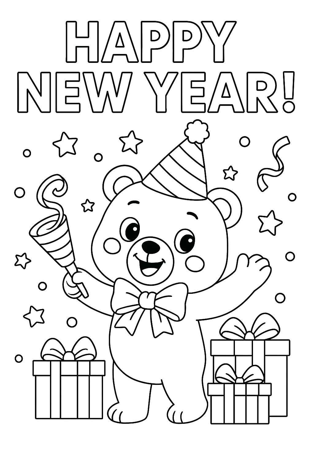 Teddy Bear New Year Celebration printable coloring page for kids