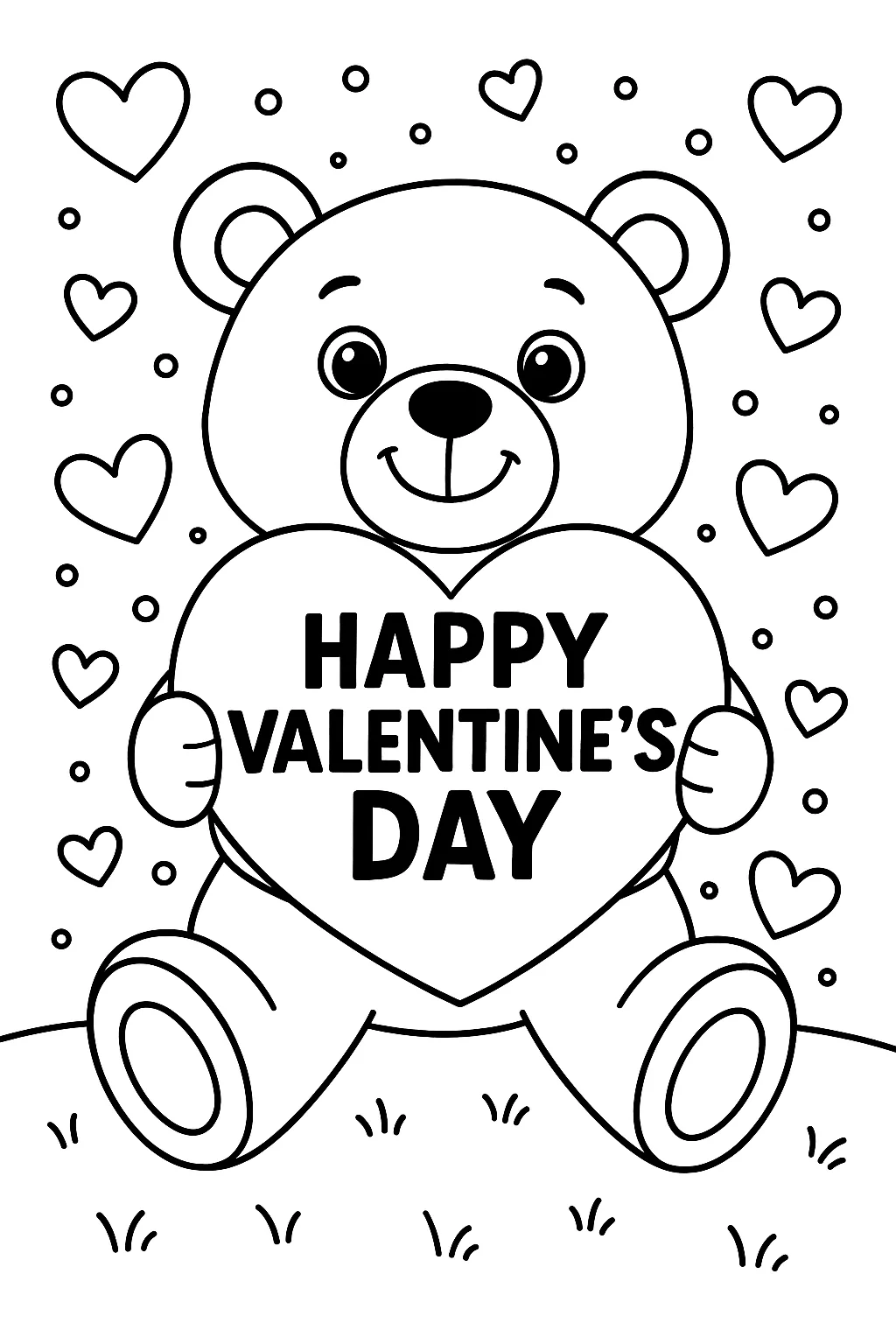 Teddy Bear with Valentine Card, דף צביעה להדפסה לילדים