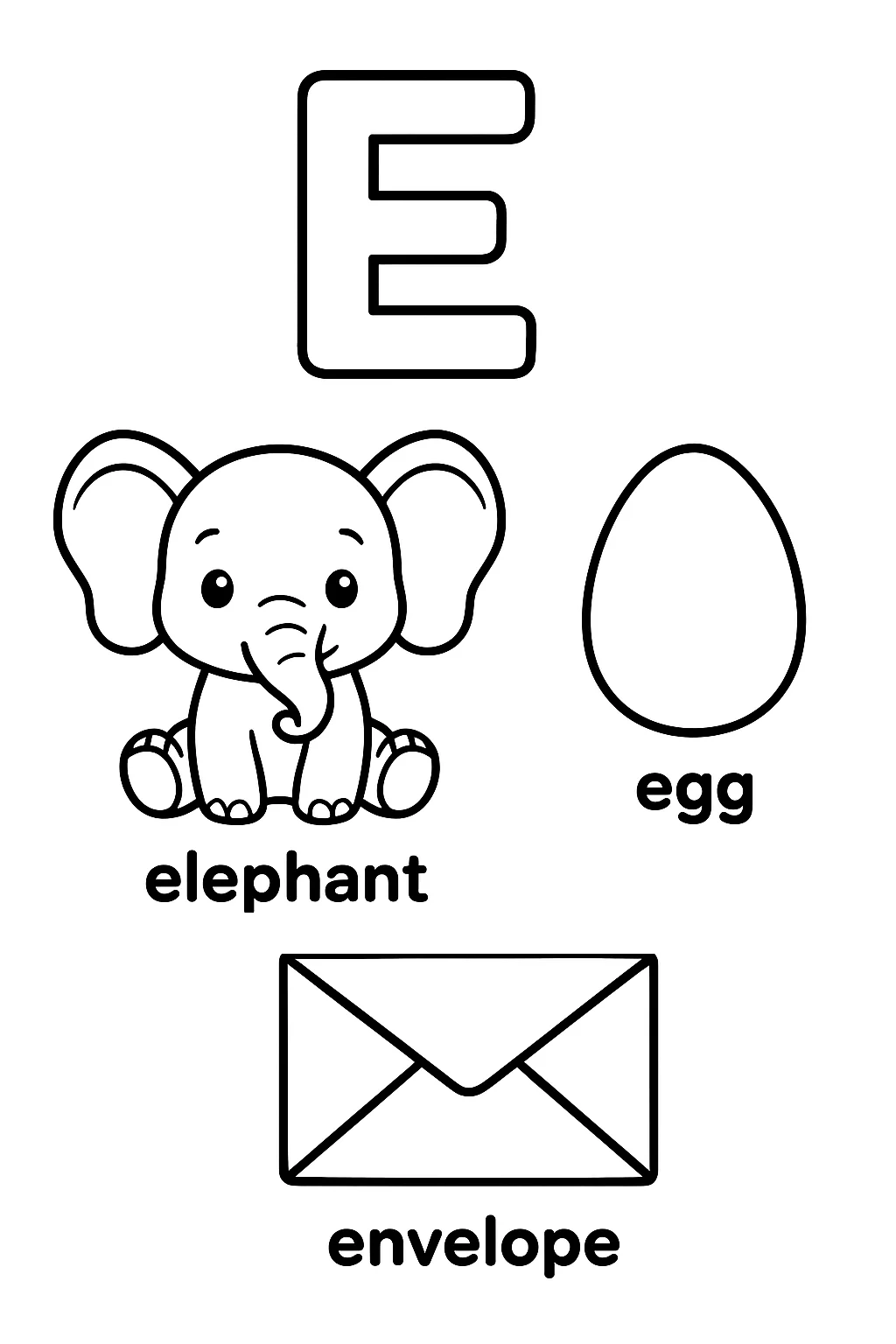 Página para Colorear Letra E, página para colorear imprimible para niños