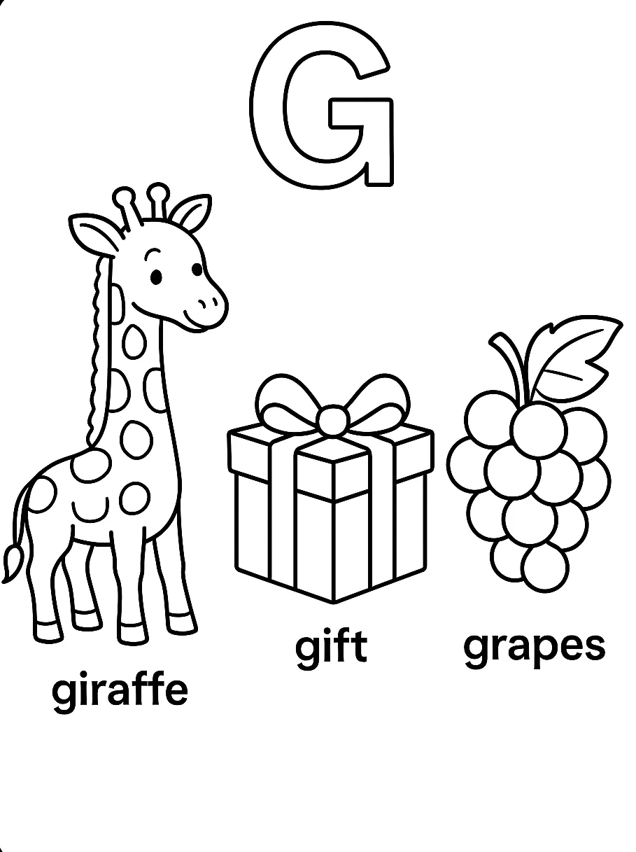Página para Colorear Letra G, página para colorear imprimible para niños