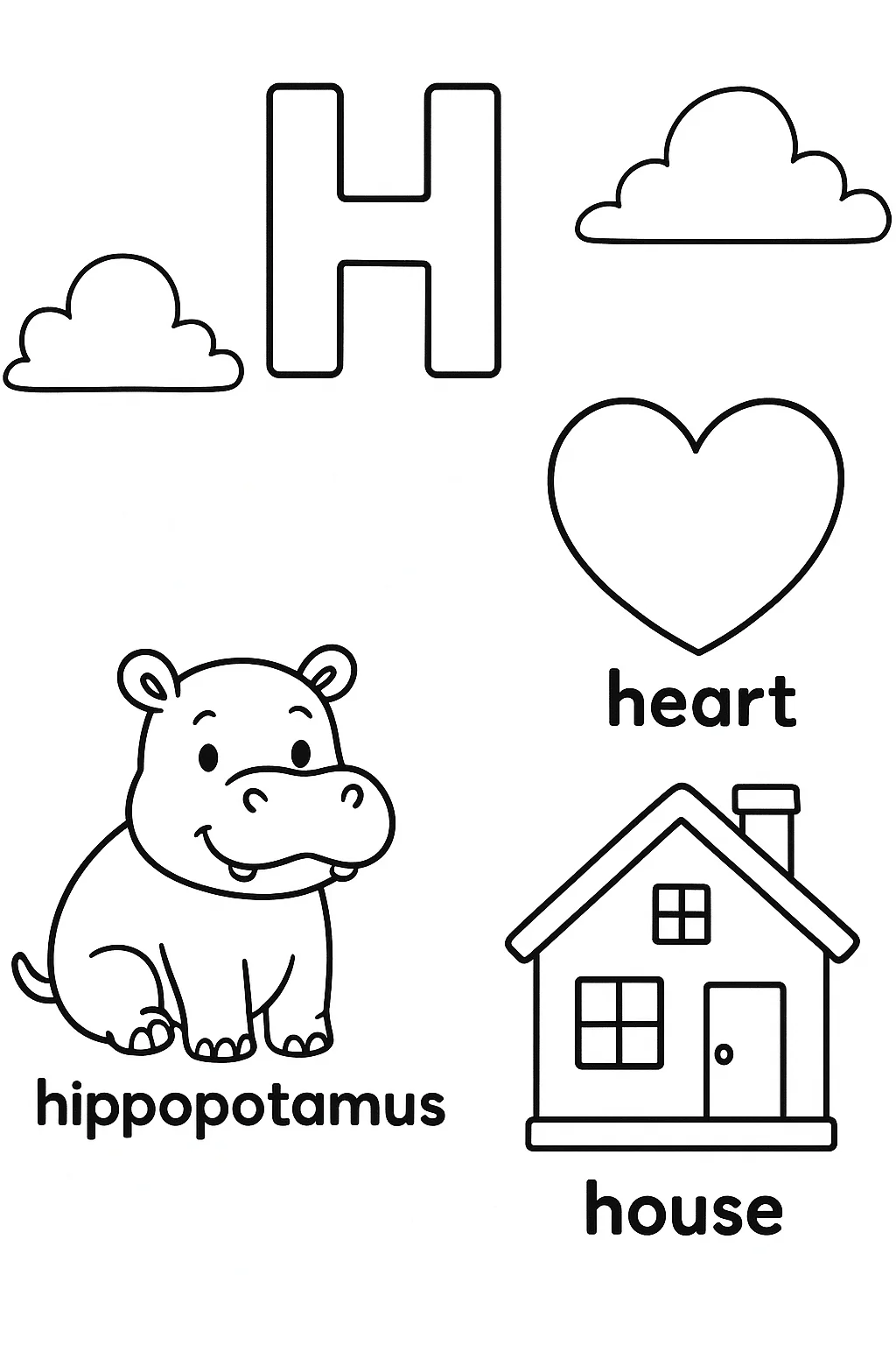 Página para Colorear Letra H, página para colorear imprimible para niños