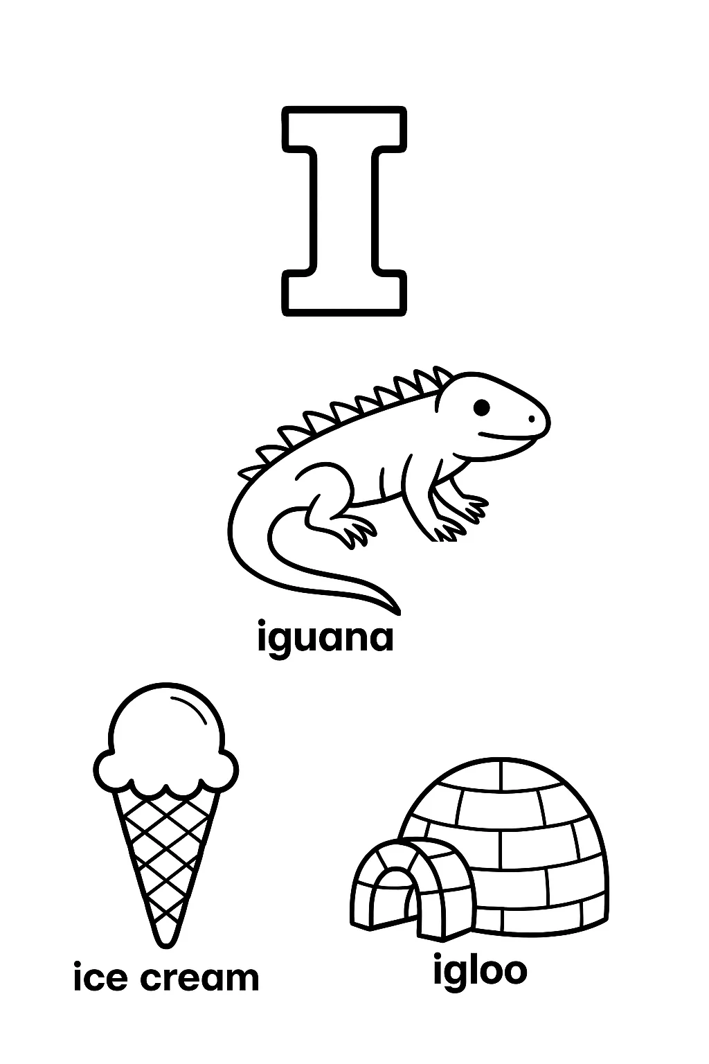 Página para Colorear Letra I, página para colorear imprimible para niños