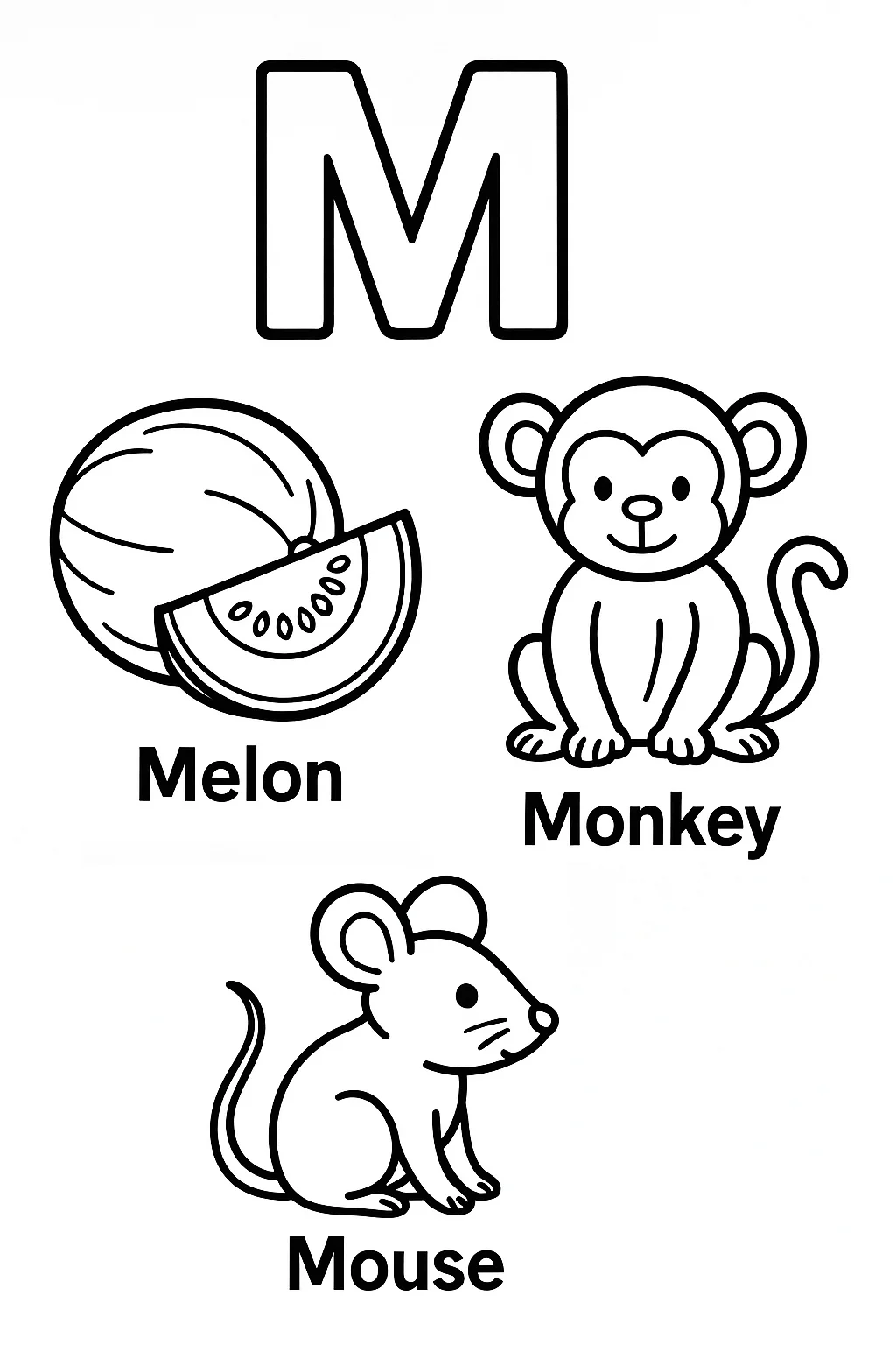 Página para Colorear Letra M, página para colorear imprimible para niños