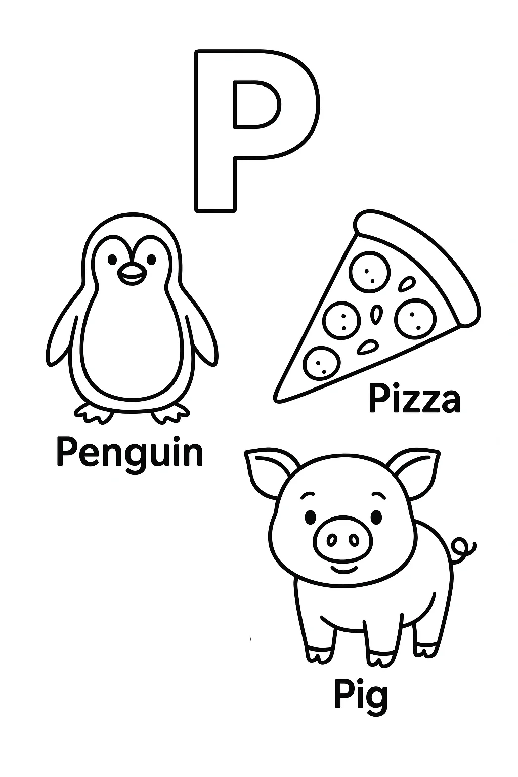 Página para Colorear Letra P, página para colorear imprimible para niños