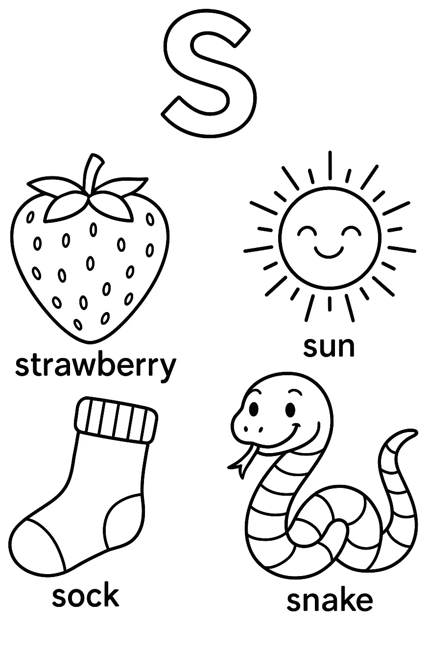 Página para Colorear Letra S, página para colorear imprimible para niños