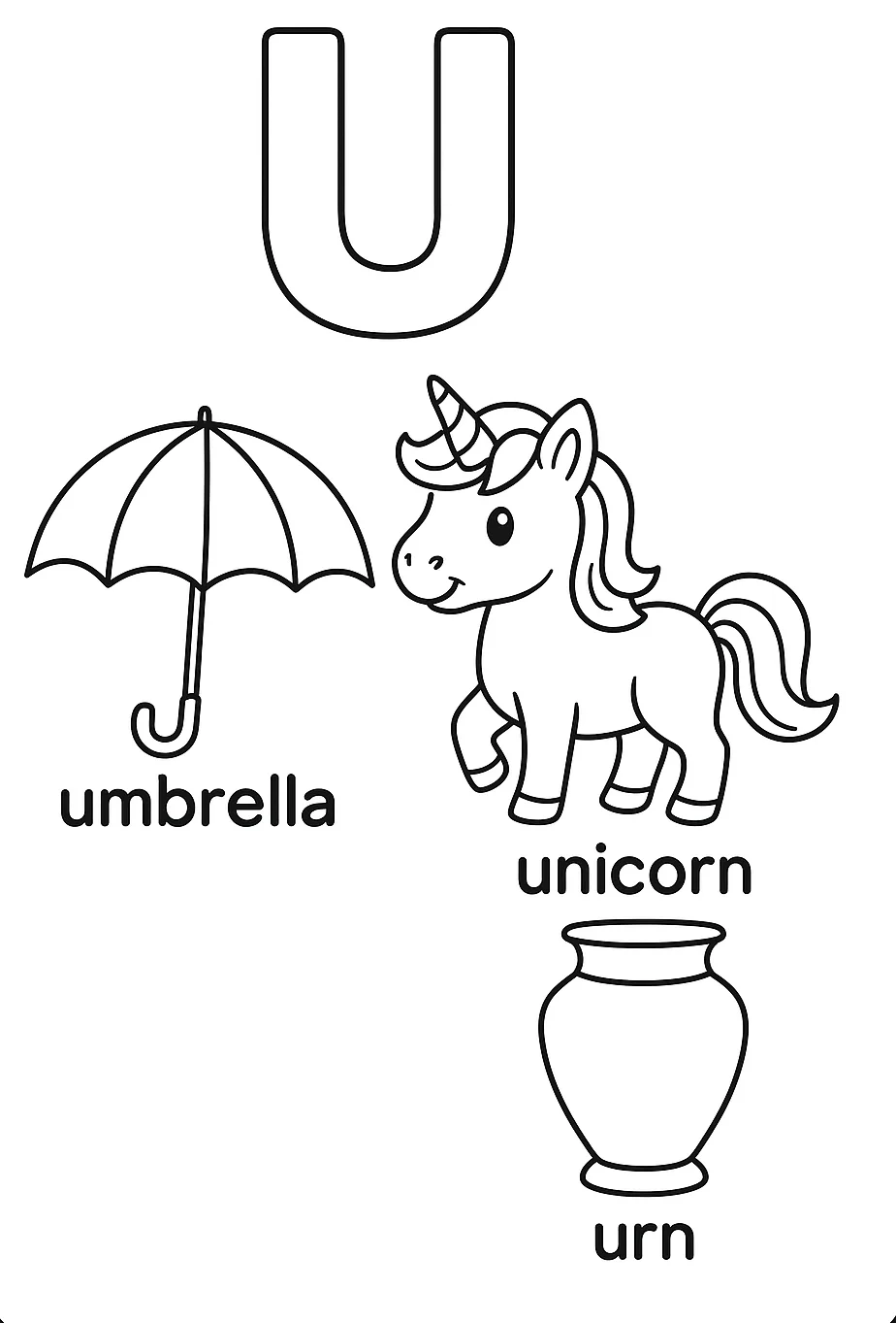 Página para Colorear Letra U, página para colorear imprimible para niños