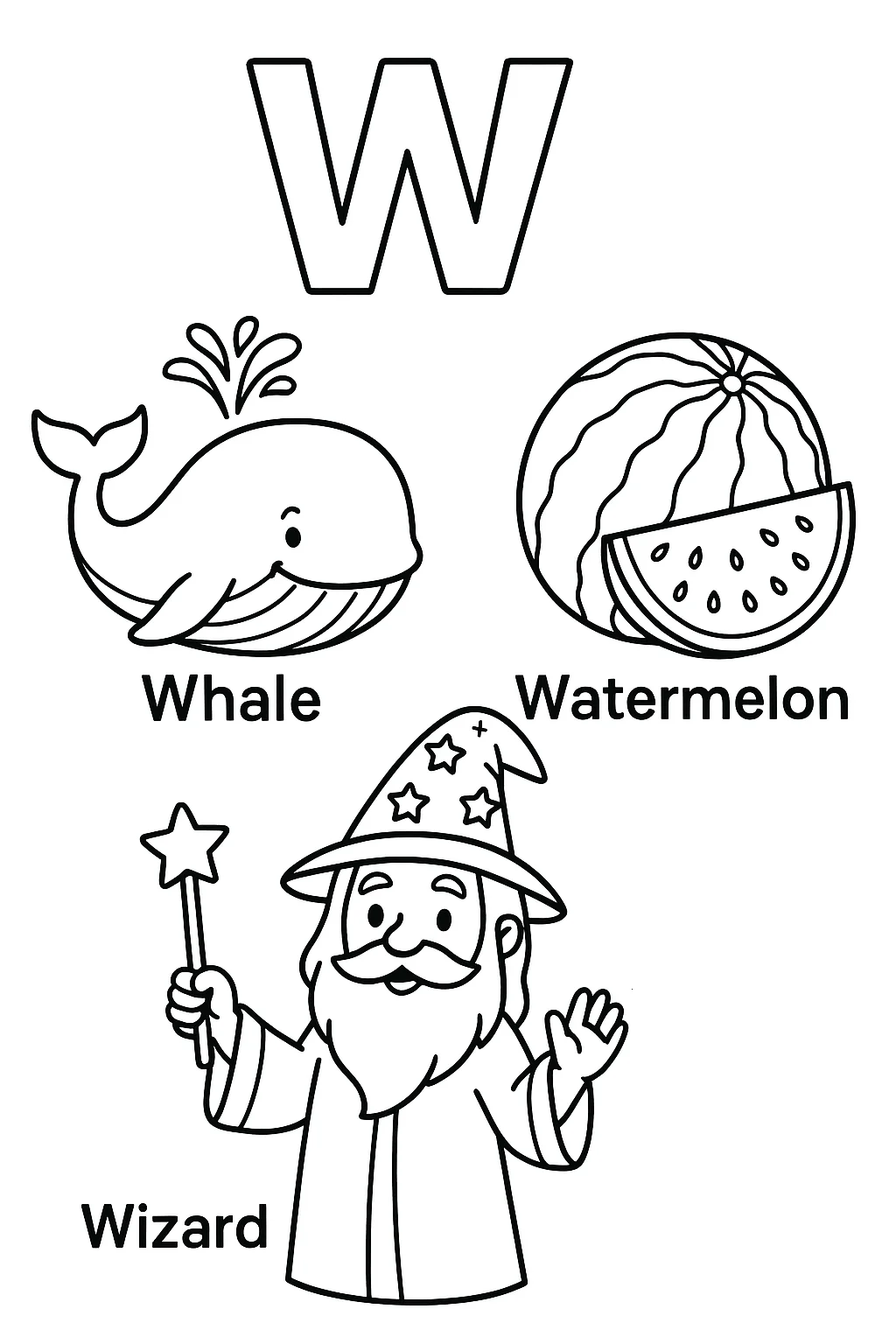 Página para Colorear Letra W, página para colorear imprimible para niños