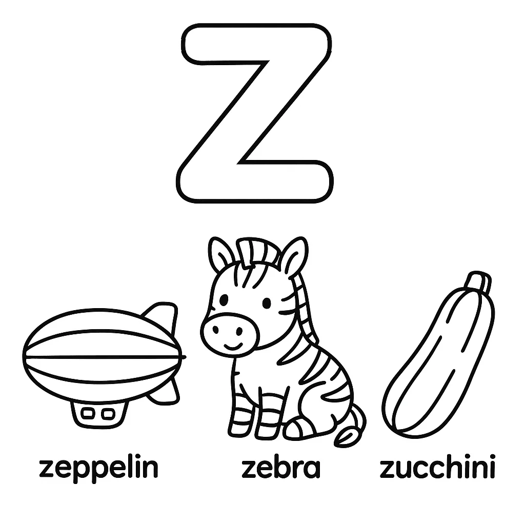 Página para Colorear Letra Z, página para colorear imprimible para niños
