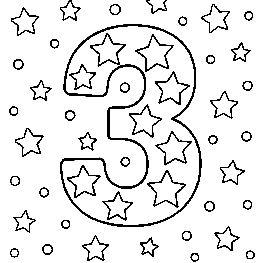 Number Three, דף צביעה להדפסה לילדים