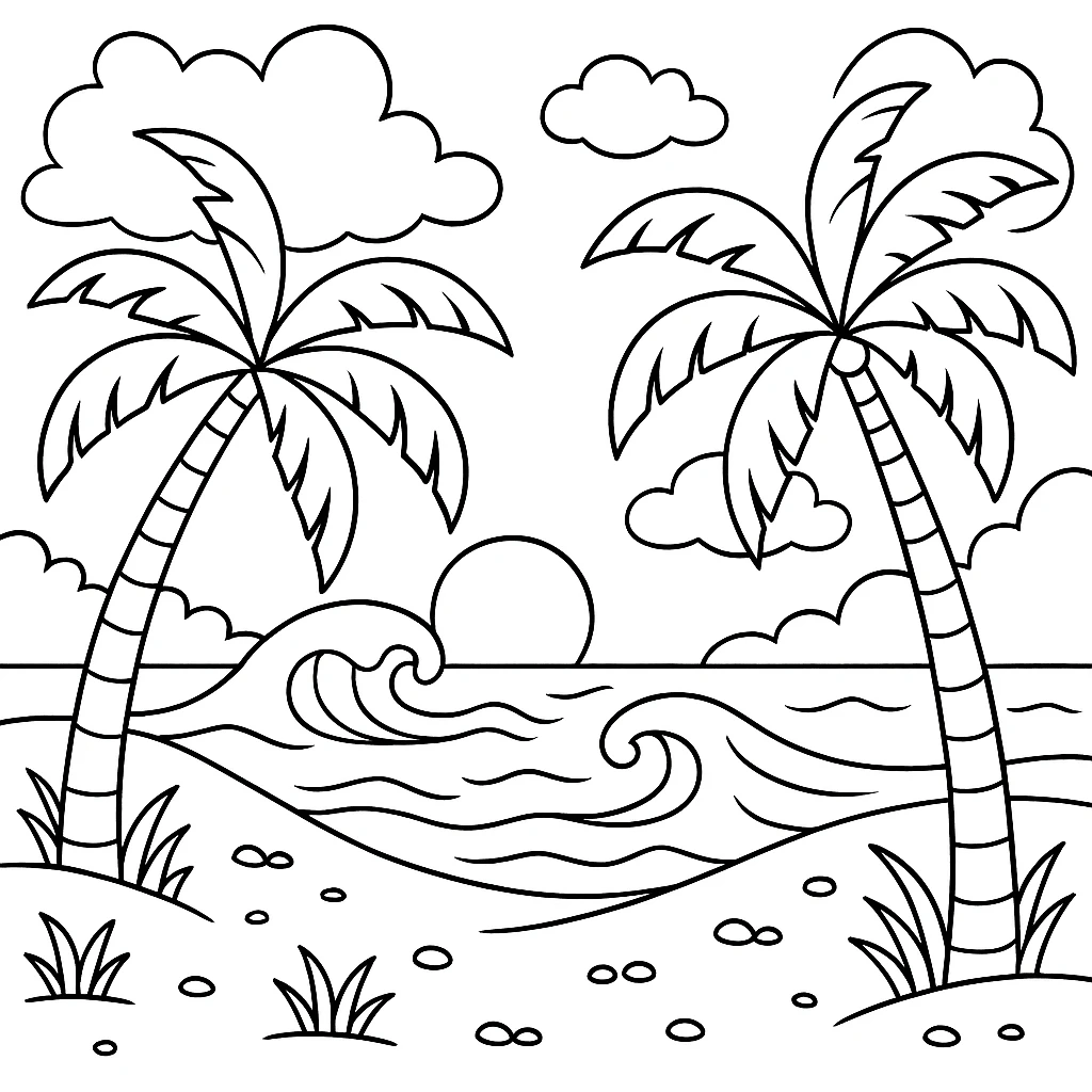 Playa Tropical, página para colorear imprimible para niños