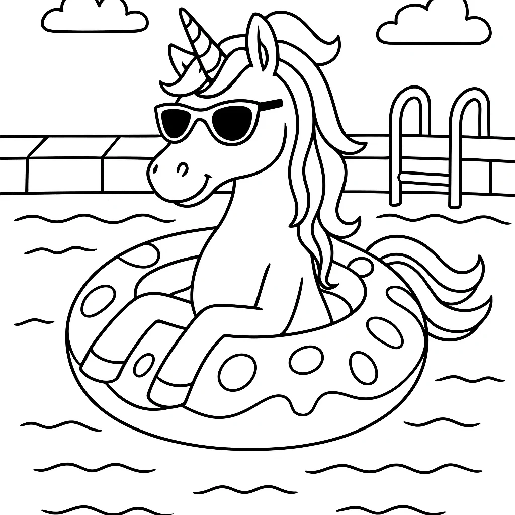 Unicorn at the Swimming Pool, דף צביעה להדפסה לילדים