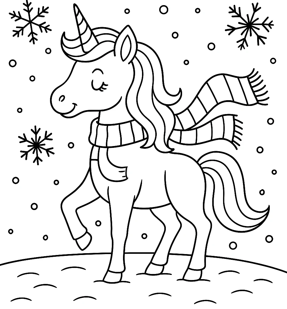 Unicorn in the Snow, דף צביעה להדפסה לילדים