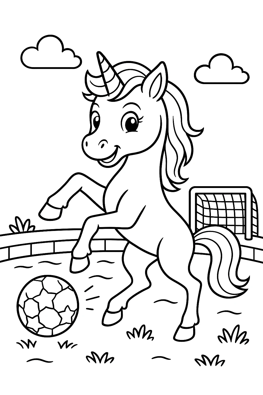 Unicorn Playing Soccer, דף צביעה להדפסה לילדים