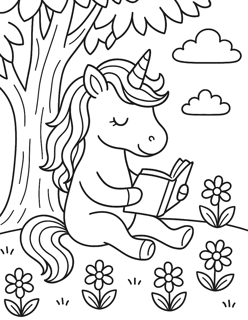 Unicorn Reading a Book, דף צביעה להדפסה לילדים
