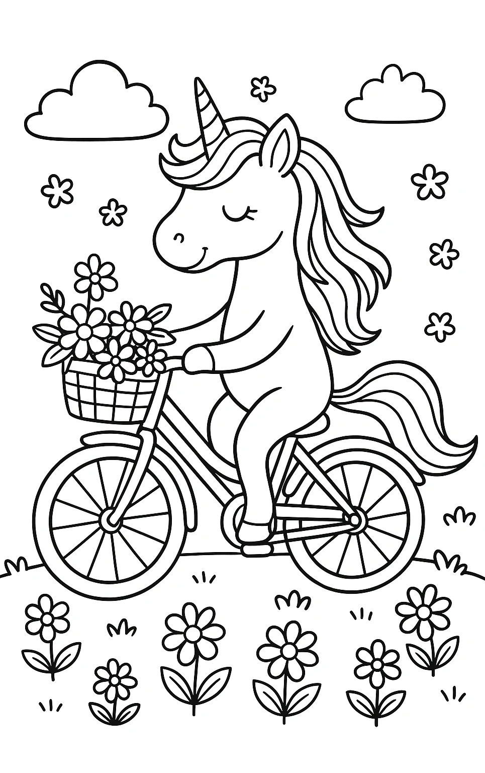 Unicorn Riding Bicycle, דף צביעה להדפסה לילדים