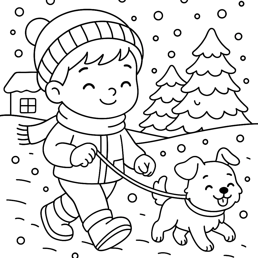 Caminando en la Nieve, página para colorear imprimible para niños